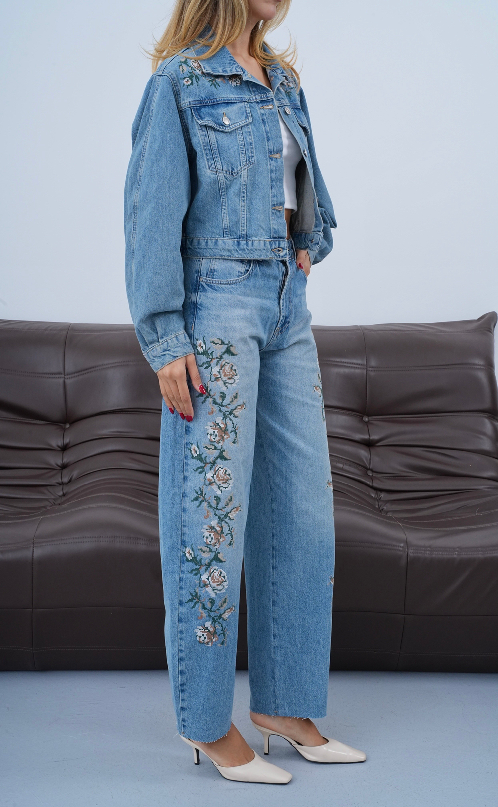 LACARINOYüksek Bel Baggy Kalıp Nakış İşleme Detaylı Bej Tint Jean Pantolon