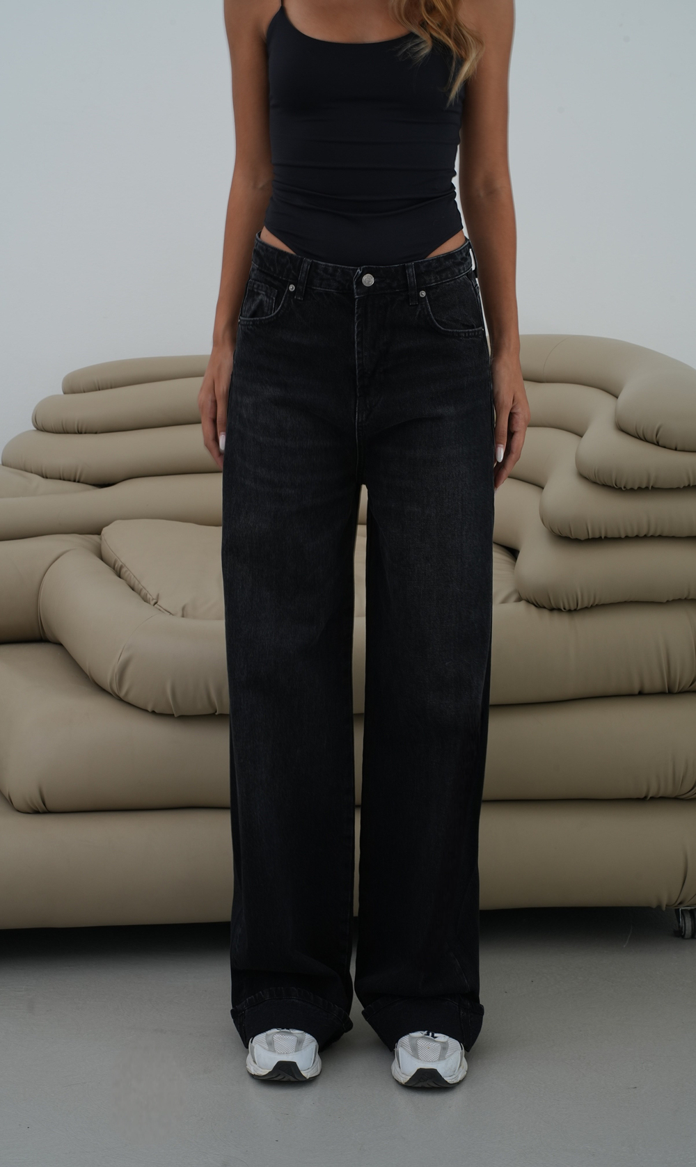 LACARINODüşük Bel Baggy Foldup Kalıp Paça Katlama Detaylı kadın Black Jean Pantolon