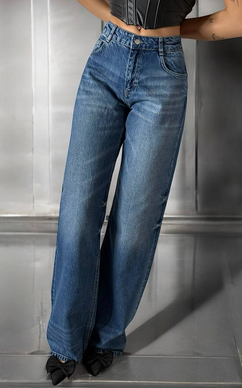 Yüksek Bel Baggy Flare Blue Jean Pantolon	