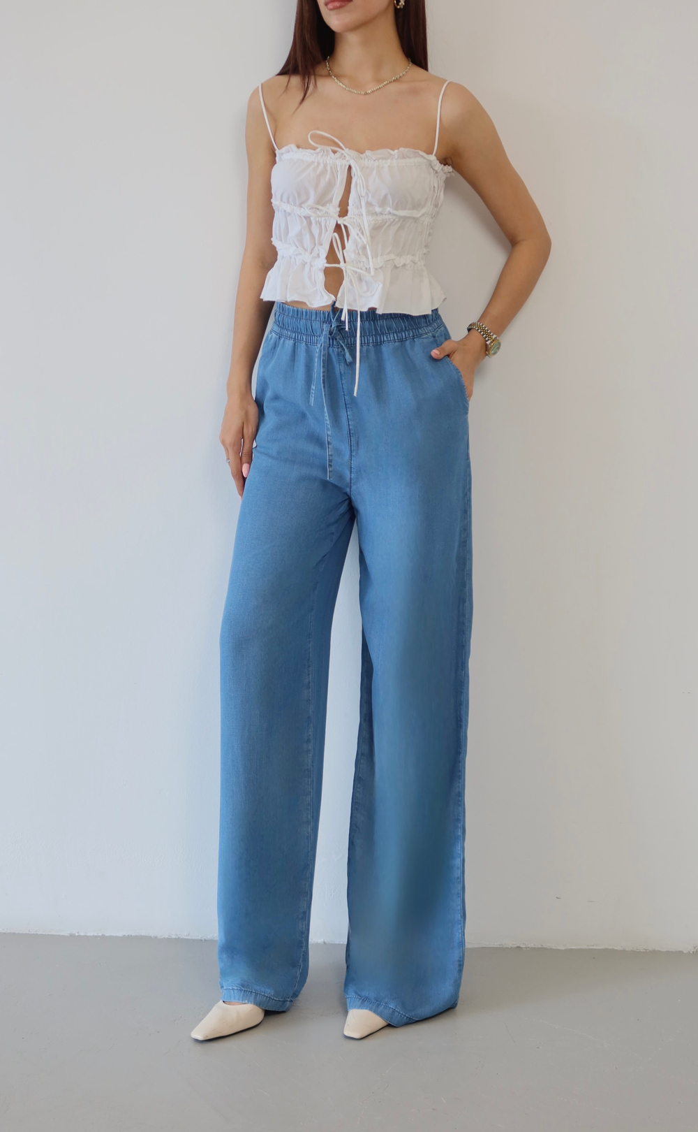 LACARINOYüksek Bel Bel Lastik Detaylı Palazzo Kesim Light Blue Pantolon