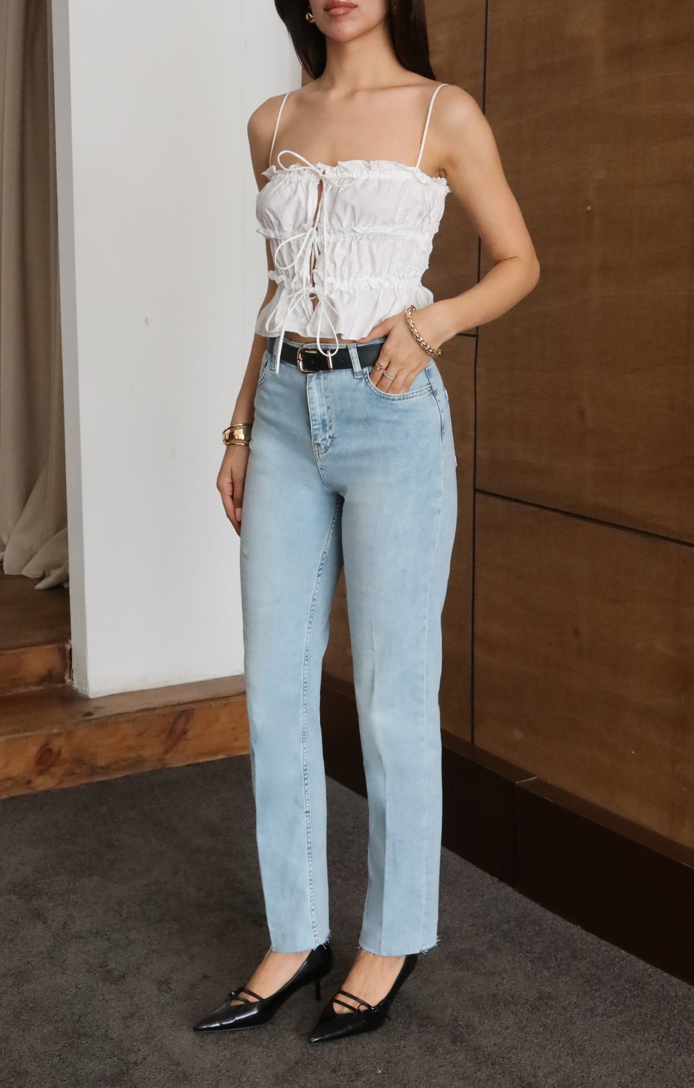 LACARINOYüksek Bel Paça Kesik Detaylı Light Blue Kemerli Jean Pantolon