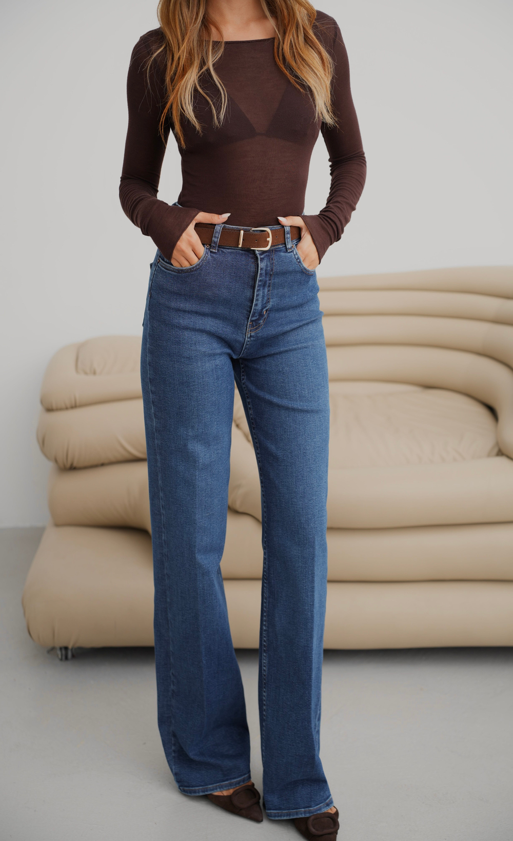 LACARINOYüksek Bel Wıde Leg Kalıp Kemer Detaylı Dark Blue Jean Pantolon
