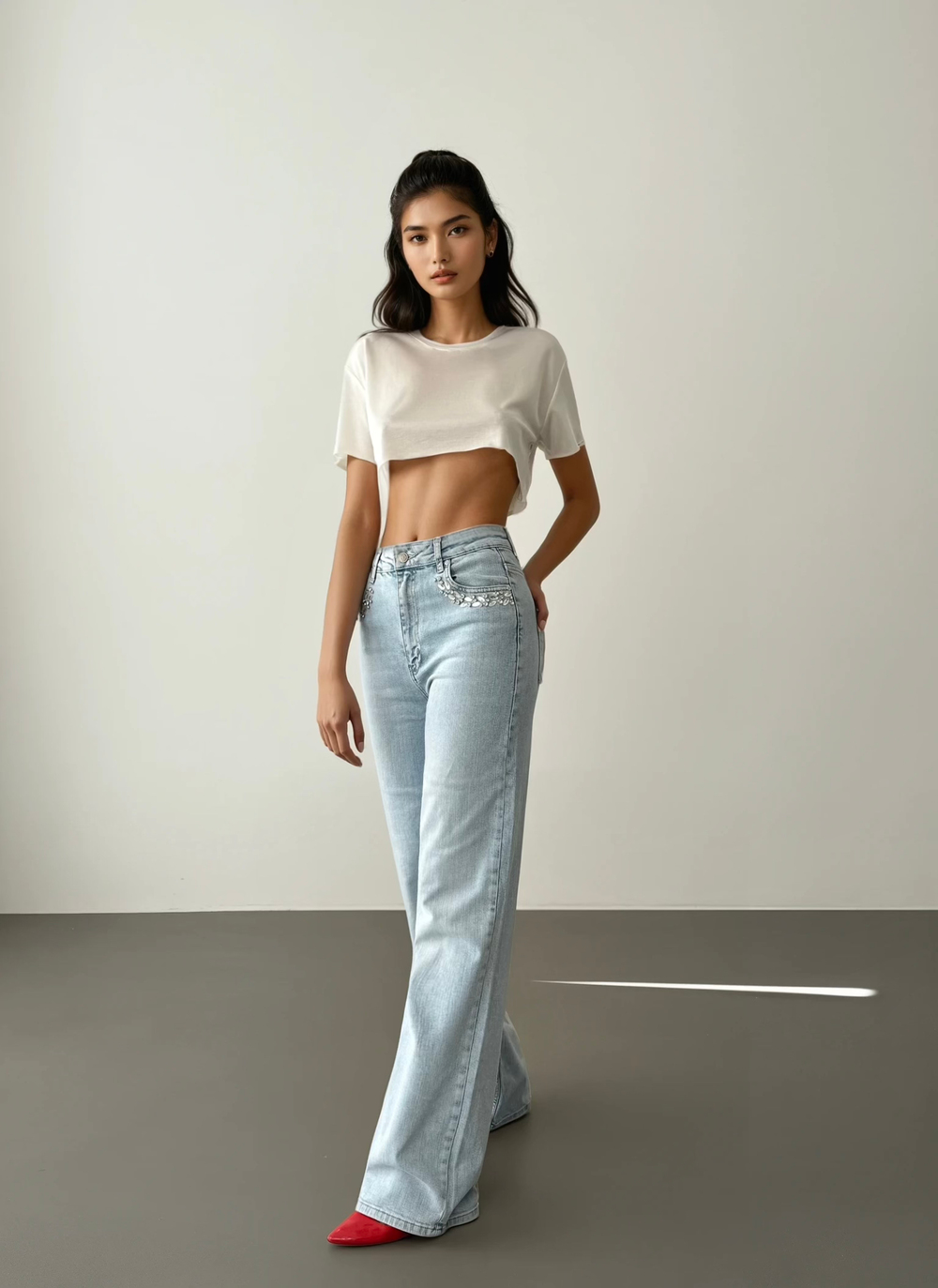 LACARINOYüksek Bel Cep Ön Cep Taş İşleme Detaylı Light Blue Jean Pantolon