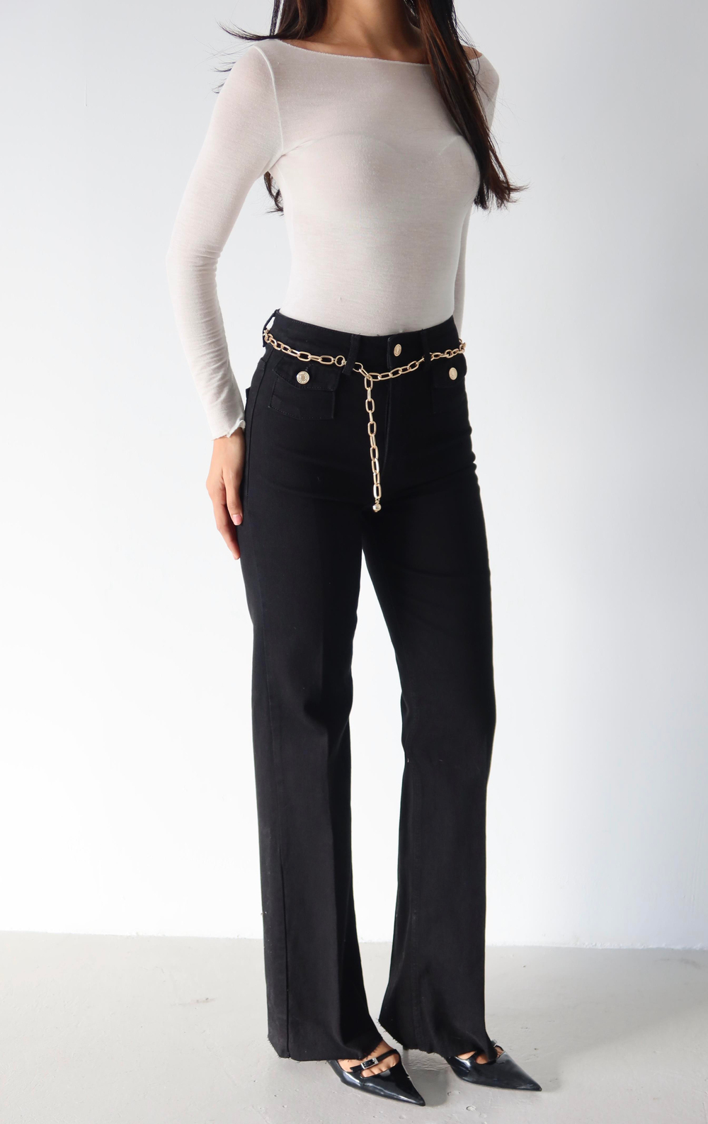 LACARINOYüksek Bel Kemer Zincir Detaylı Black Jean Pantolon