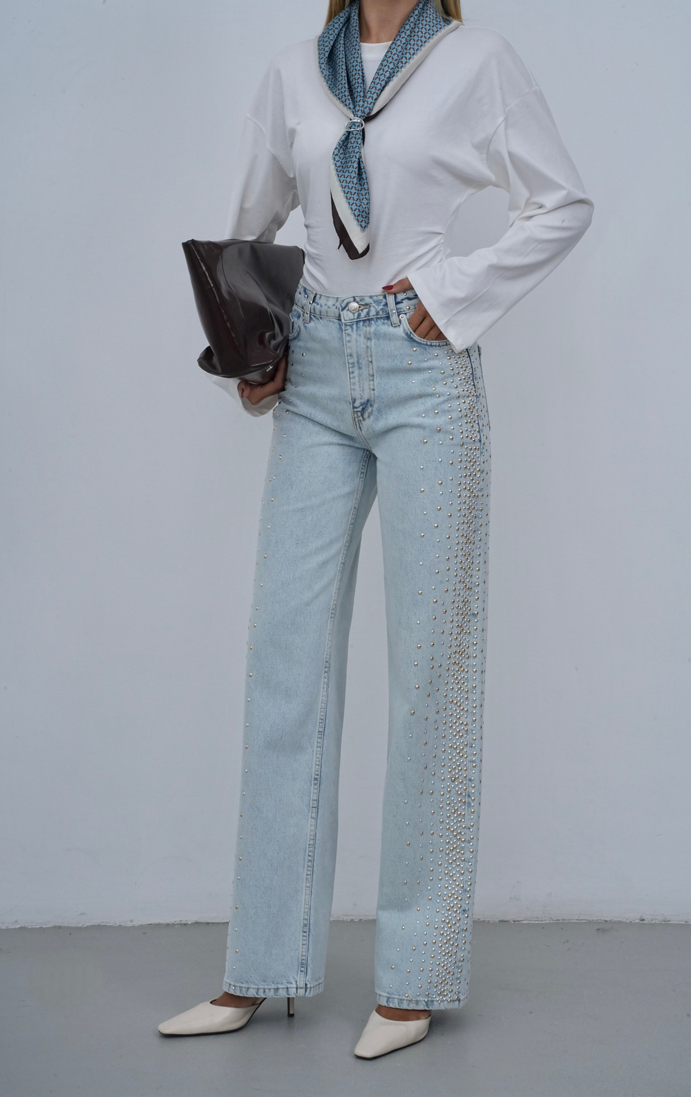 LACARINOYüksek Bel Wide Leg Kalıp Yandan Metal Taş Detaylı Light Blue Jean Pantolon