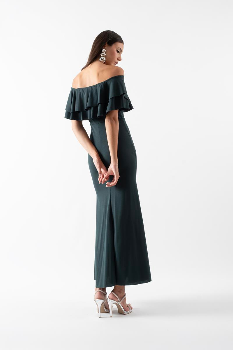 Adio Volanlı Uzun Abiye Elbise ZÜMRÜT