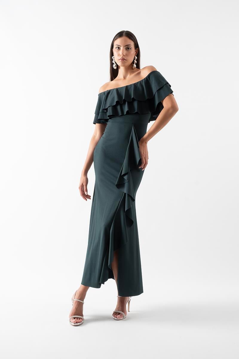 Adio Volanlı Uzun Abiye Elbise ZÜMRÜT