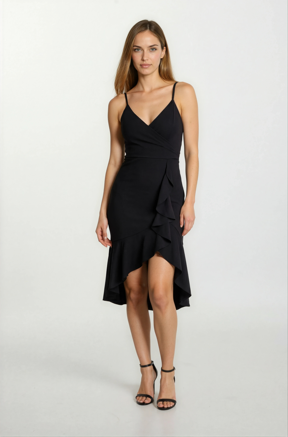 Agus Eteği Volanlı Askılı Kısa Abiye Elbise SİYAH