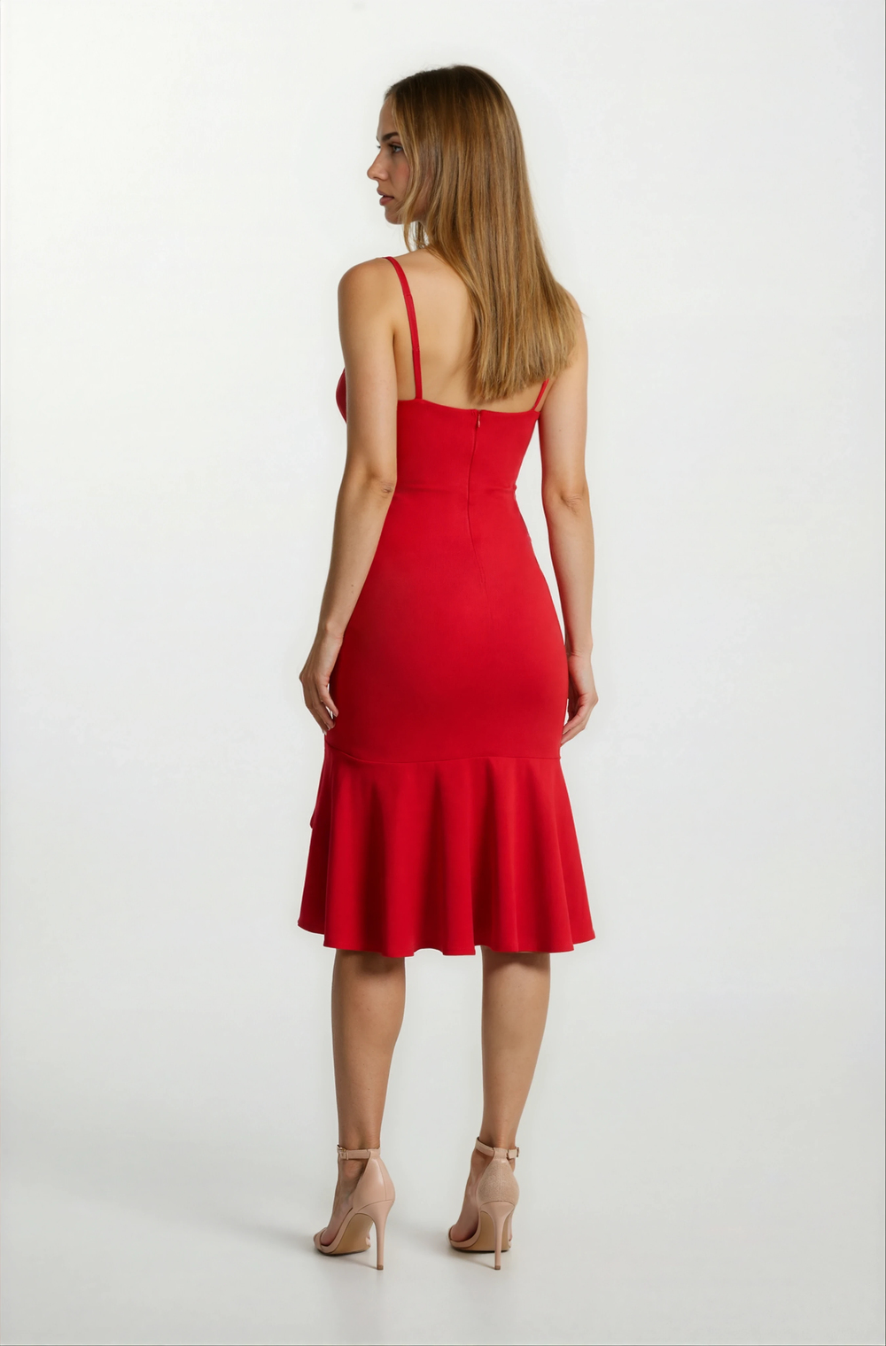 Agus Eteği Volanlı Askılı Kısa Abiye Elbise KIRMIZI