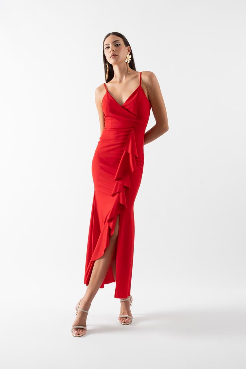 Amulia İnce Askılı Önü Fırfırlı Uzun Abiye Elbise KIRMIZI