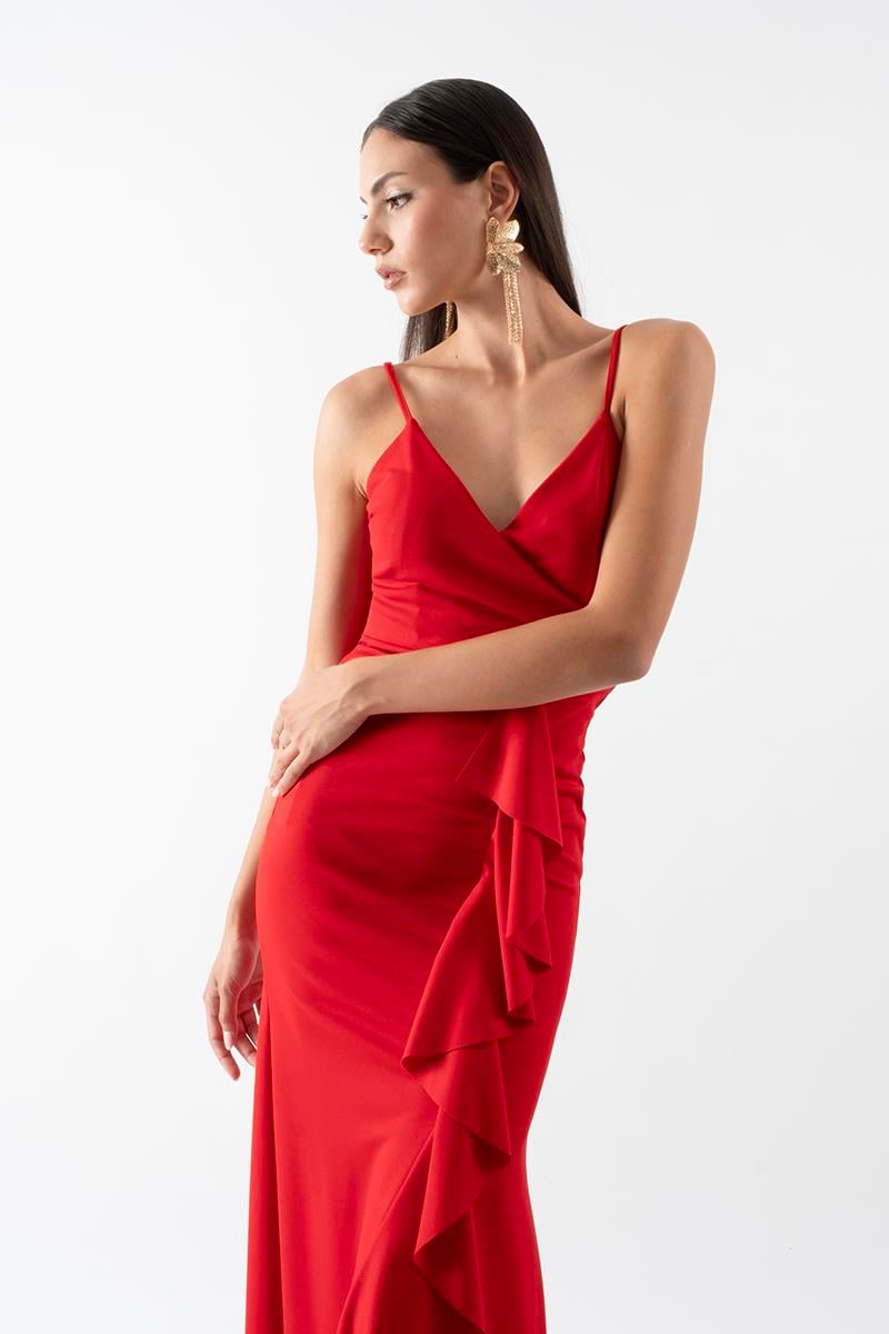 Amulia İnce Askılı Önü Fırfırlı Uzun Abiye Elbise KIRMIZI