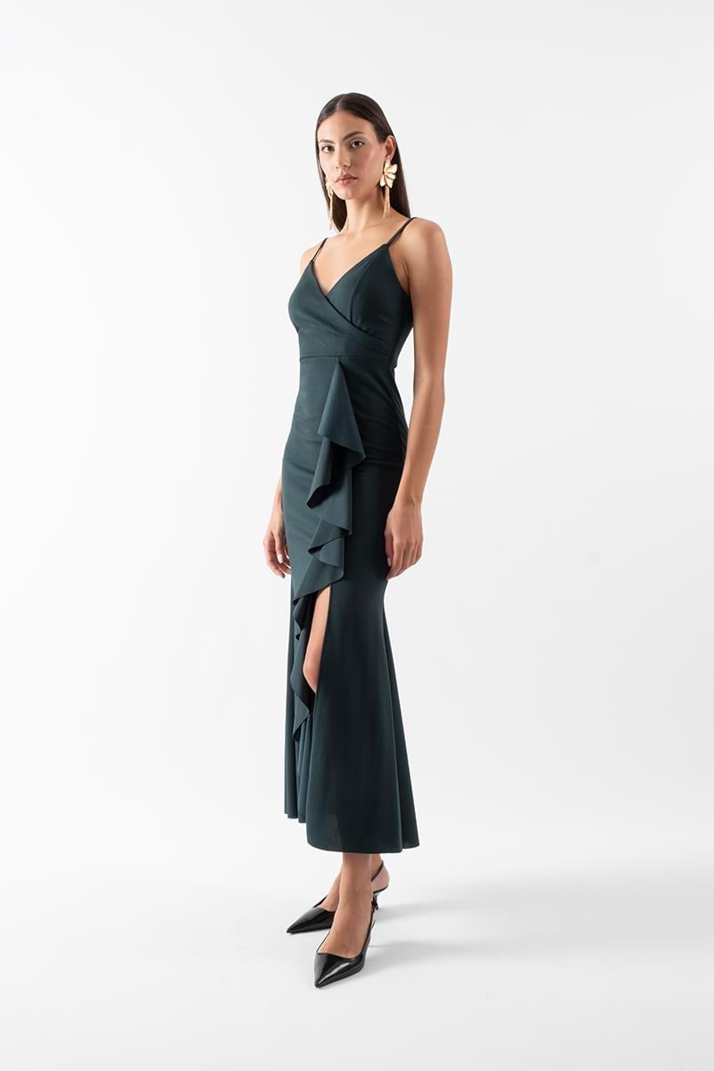 Amulia İnce Askılı Önü Fırfırlı Uzun Abiye Elbise ZÜMRÜT