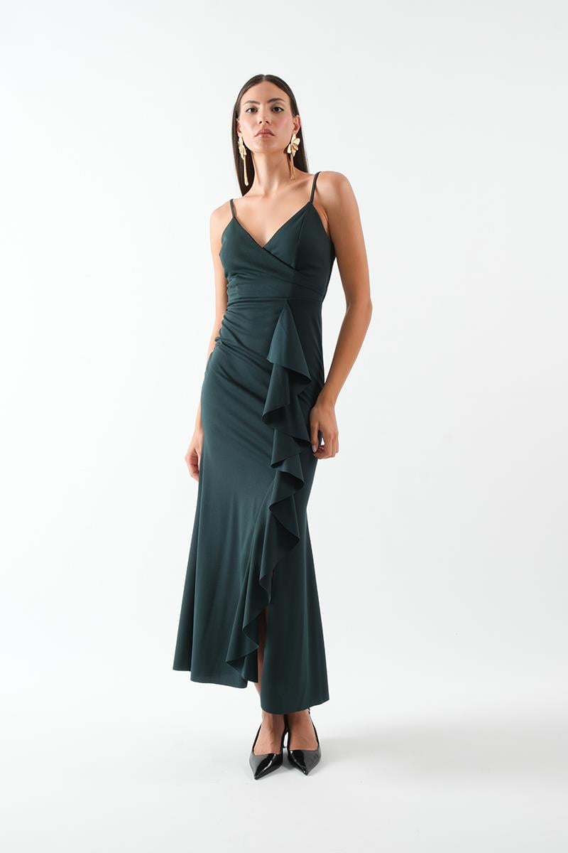 Amulia İnce Askılı Önü Fırfırlı Uzun Abiye Elbise ZÜMRÜT