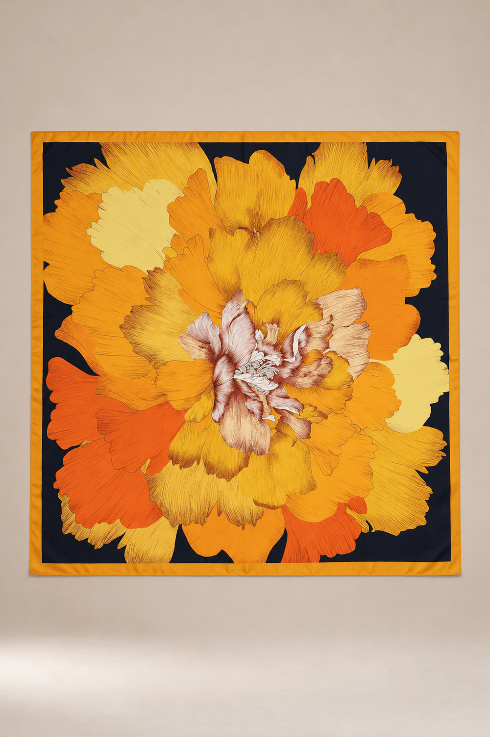 Büyük Çiçek Desenli Çerçeve Bordürlü Şal 110 x 110 cm ORANJ