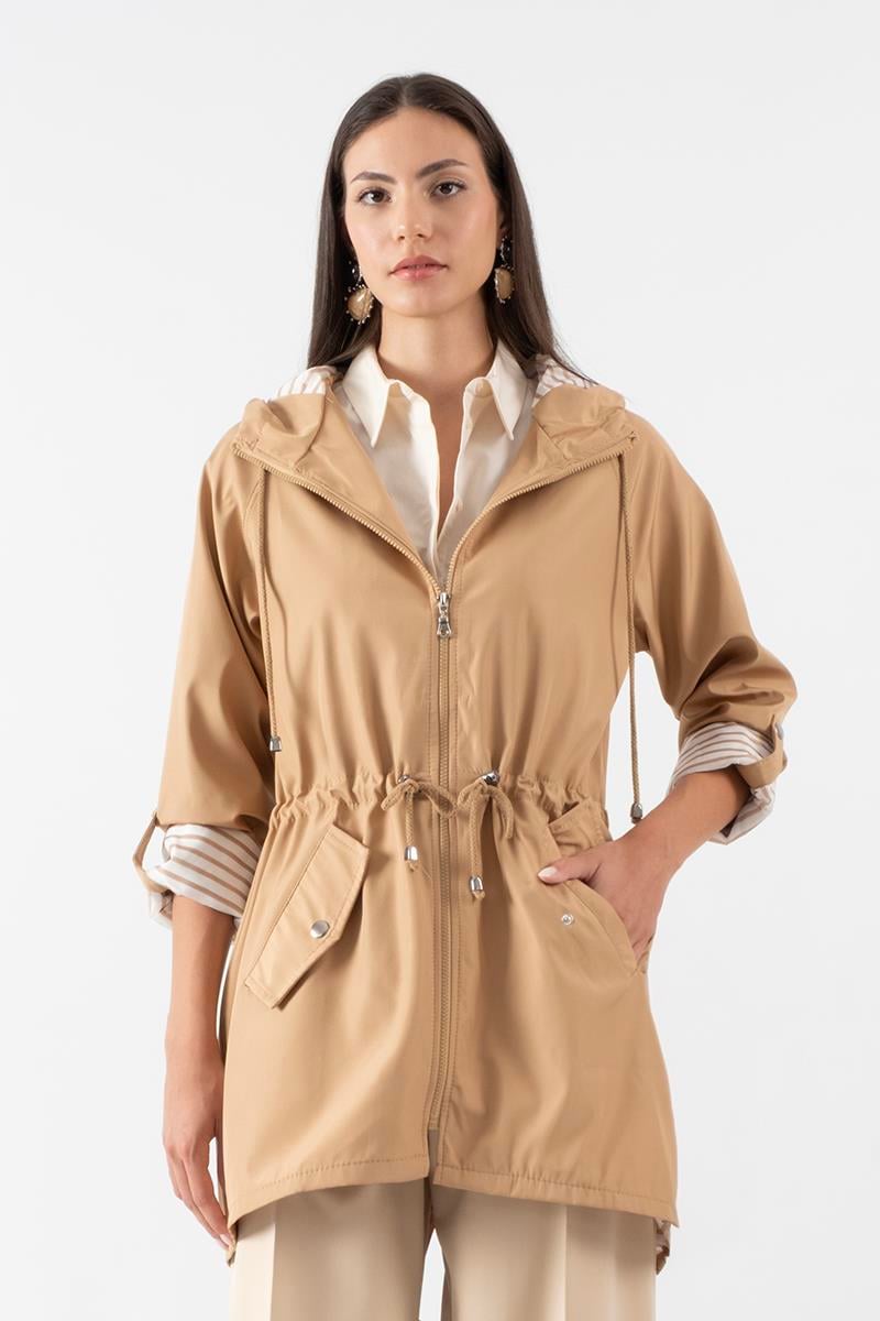 Clemente Kapüşonlu Ayarlanabilir Beli Büzgülü Katlamalı Kol Mont CAMEL