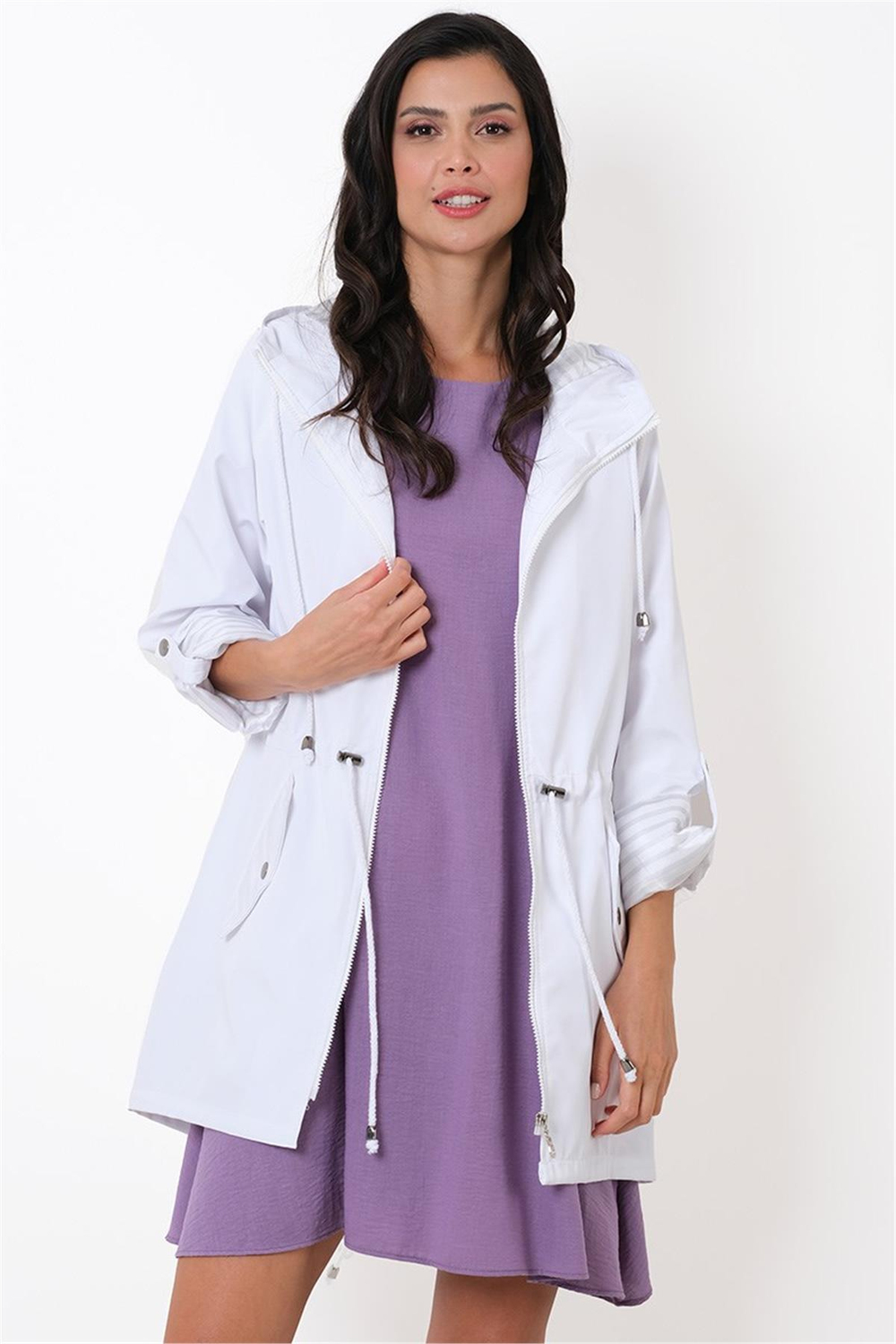 Clemente Kapüşonlu Ayarlanabilir Beli Büzgülü Katlamalı Kol Mont BEYAZ