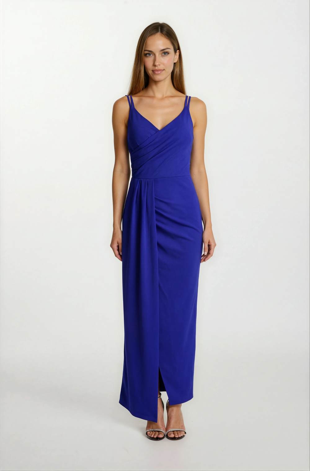 Clerioi Kruvaze İnce Askılı Yandan Parça Detaylı Uzun Abiye Elbise SAKS