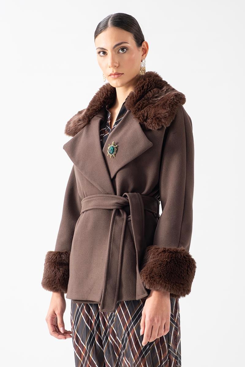 Crispolto Kruvaze Yakası Kolları Kürklü Kaban KAHVE