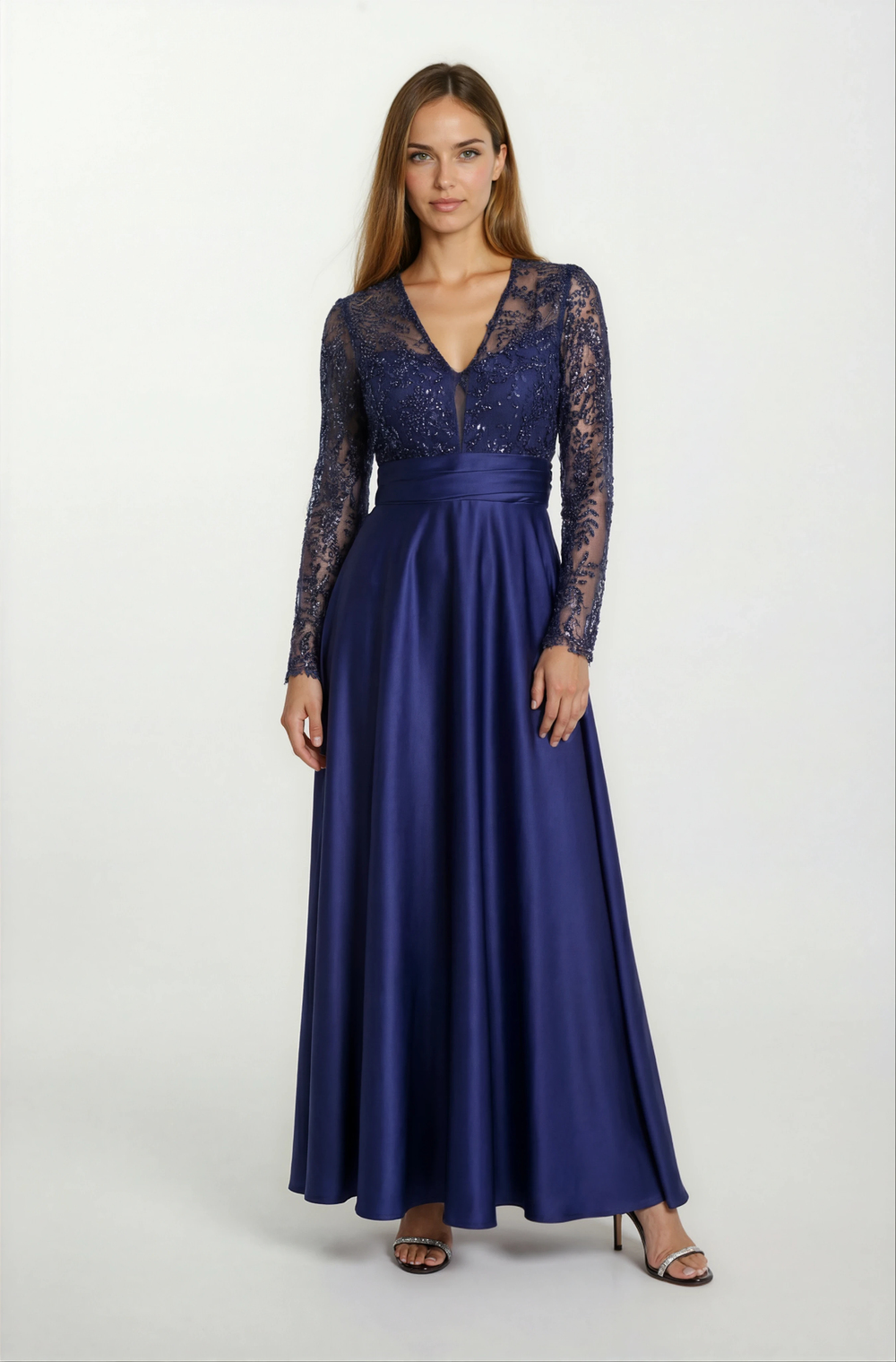 Deledda V Yaka Üstü Tül Taş İşlemeli Bel Drapeli Kloş Uzun Abiye Elbise LACİVERT