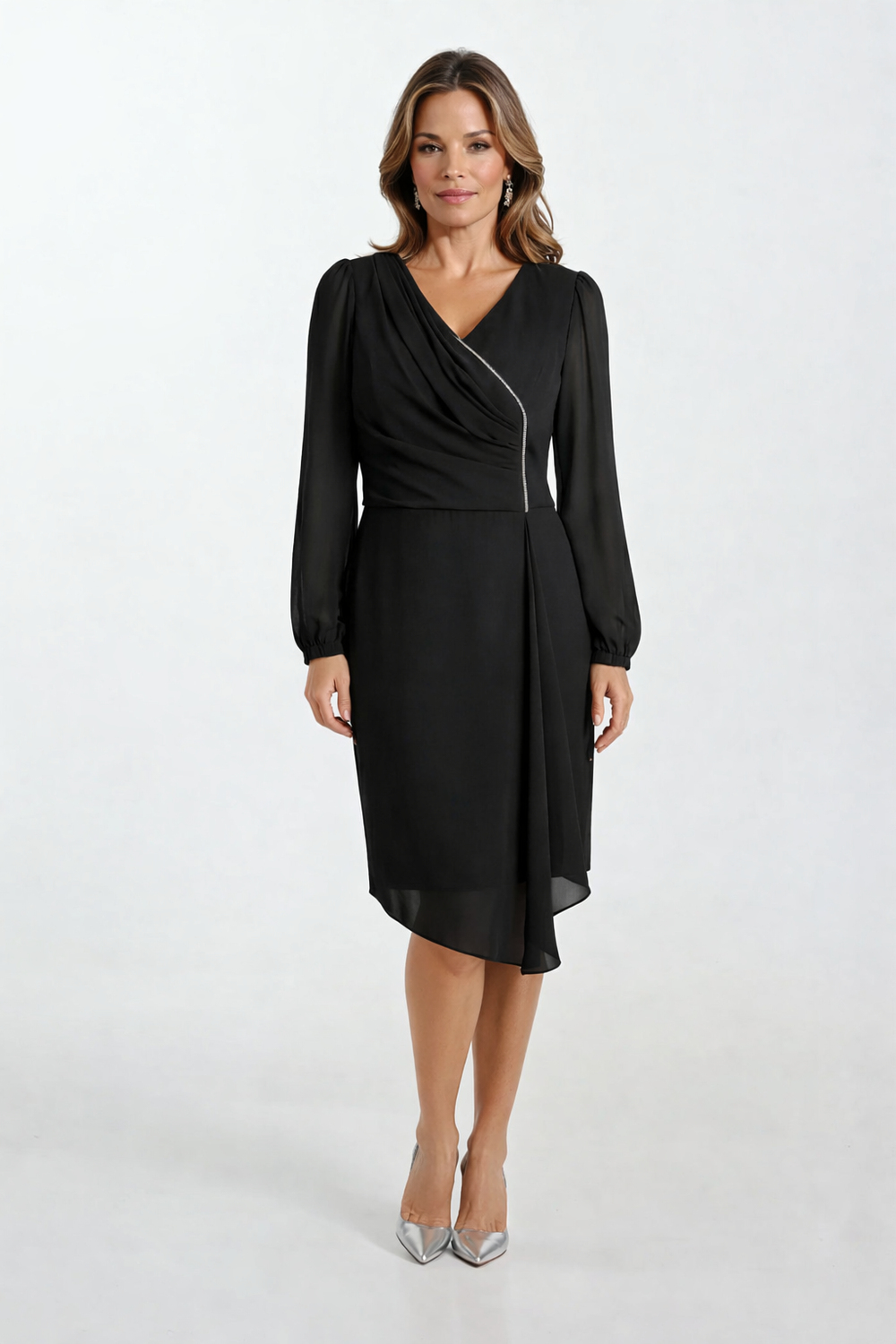 Demetra V Yaka Pileli Taş Aksesuarlı Kısa Abiye Elbise SİYAH