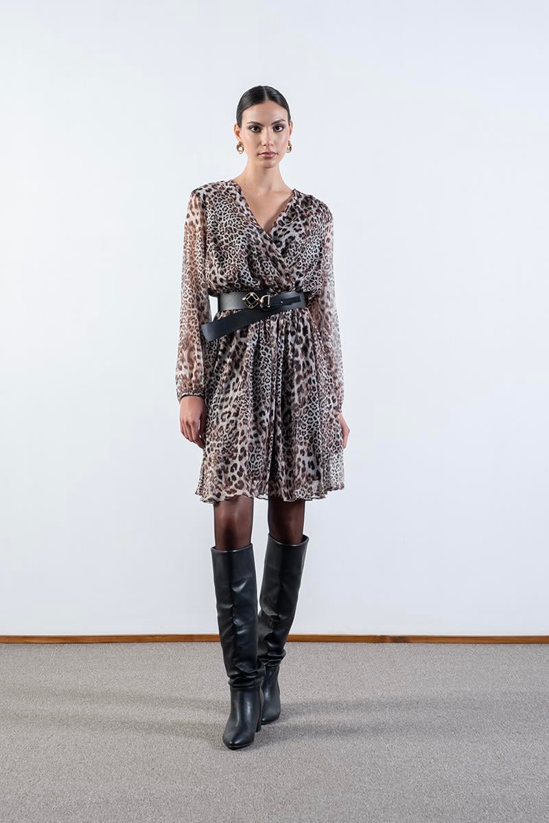 Deodato Kruvaze Yaka Kloş Kemerli Elbise SİYAH