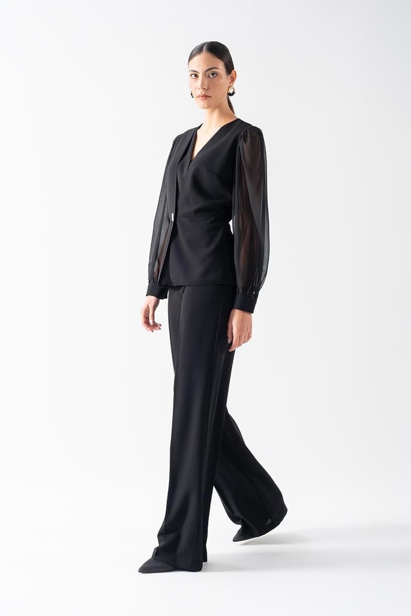 Diamante V  Yaka Kruvaze Tek Düğme Kolları Şifon Ceket SİYAH