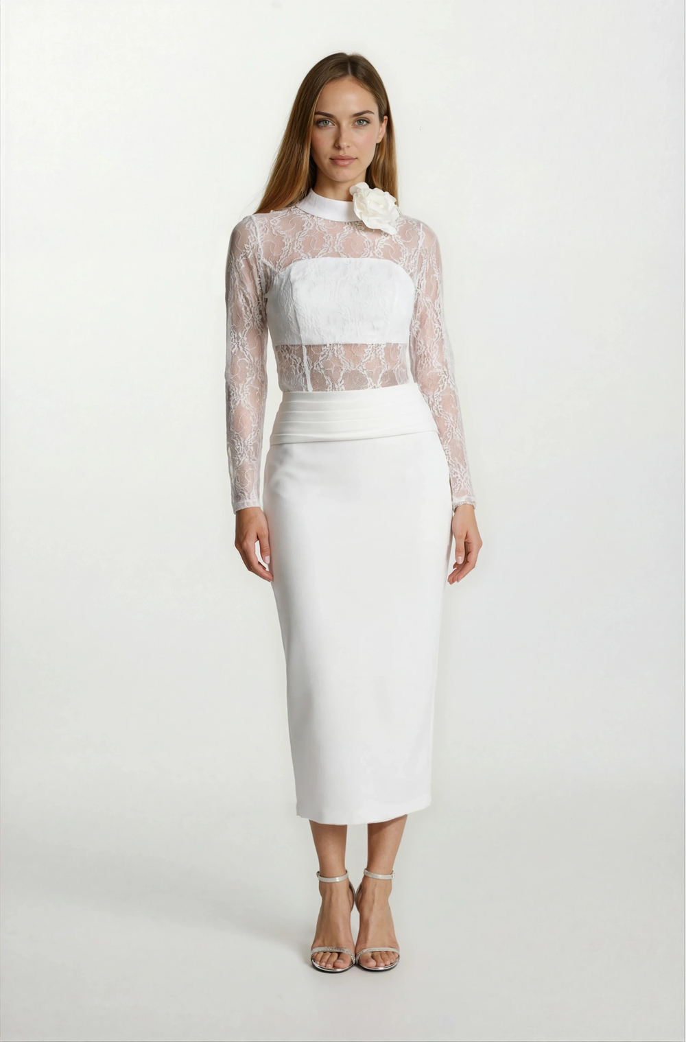 Dolindo Üstü  Dantelli Yaka Çiçek Detaylı Midi Abiye Elbise EKRU