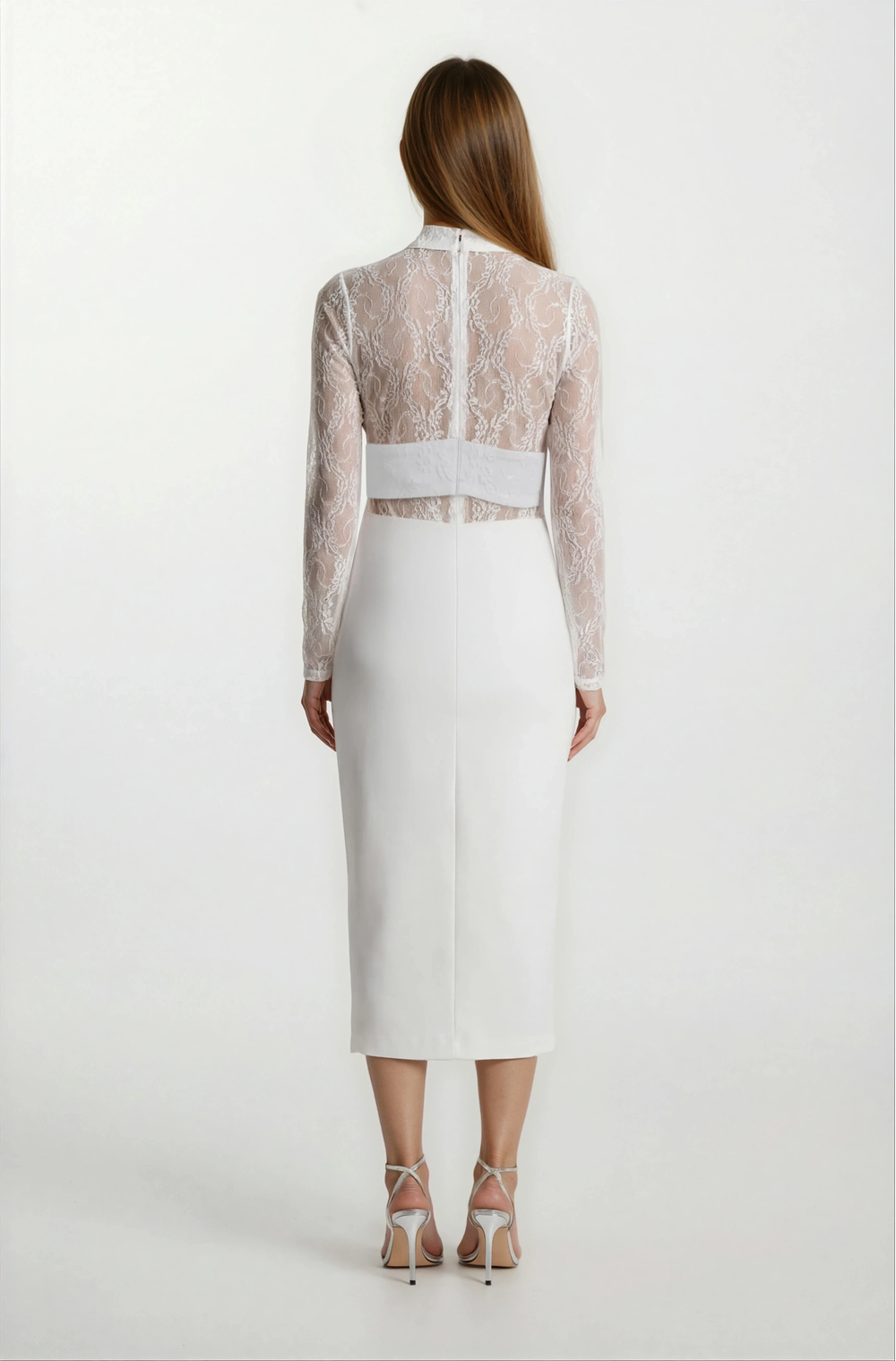 Dolindo Üstü  Dantelli Yaka Çiçek Detaylı Midi Abiye Elbise EKRU