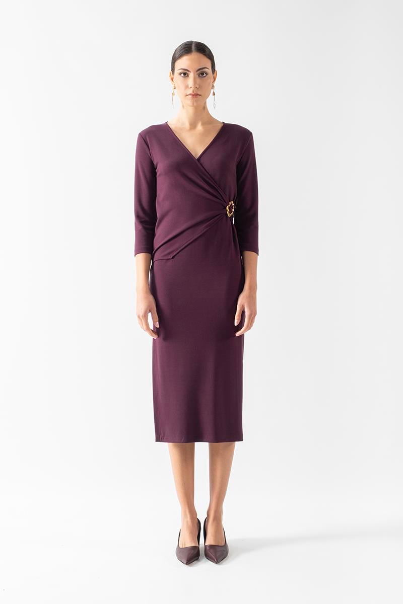 Eccelso Kruvaze Yaka Toka Detaylı Elbise MÜRDÜM