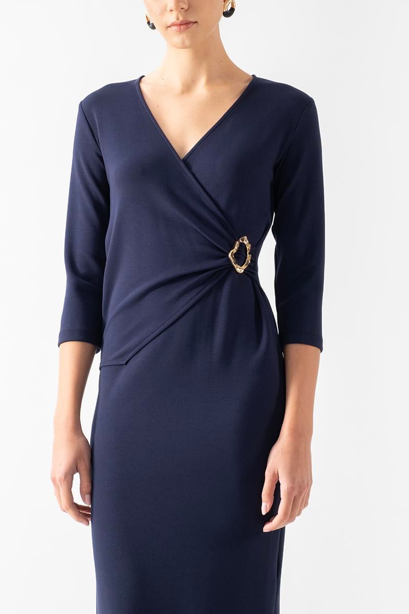 Eccelso Kruvaze Yaka Toka Detaylı Elbise LACİVERT