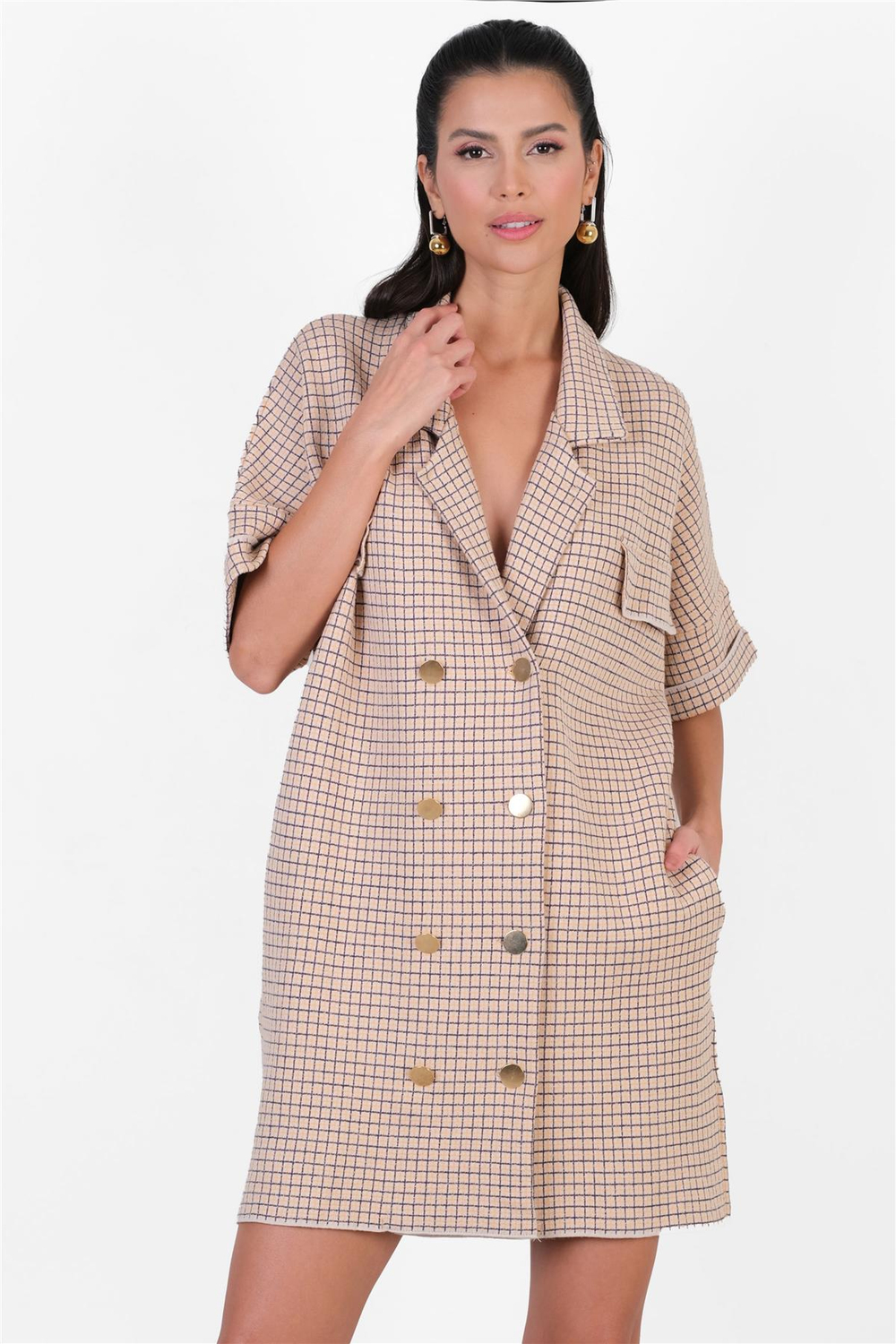 Elfman Gömlek Yaka Blazer Triko Elbise BEJ