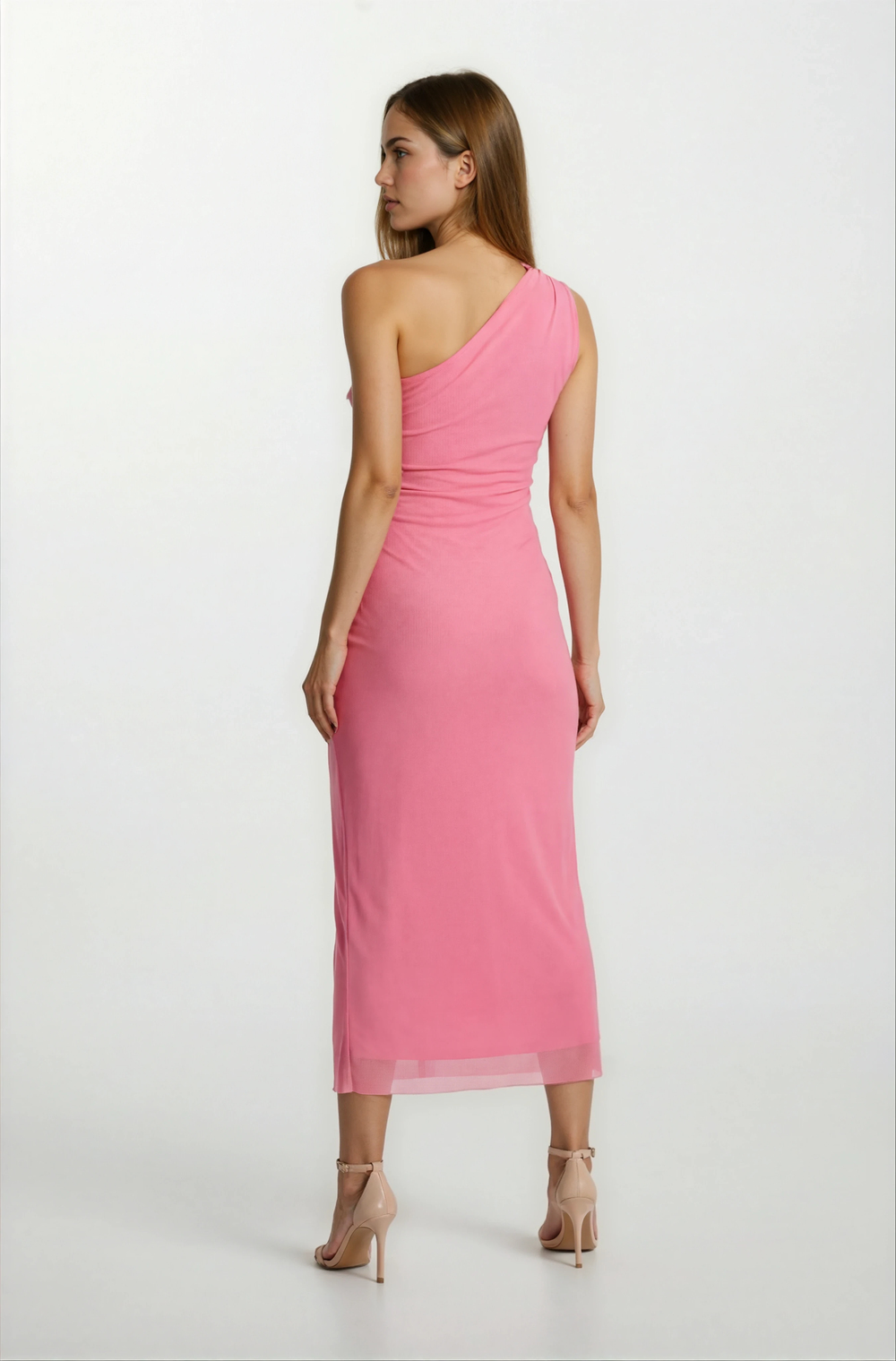 Falchetto Tek Omuz Yanı Büzgülü Midi Abiye Elbise PEMBE
