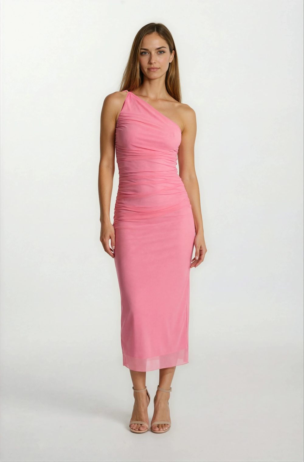 Falchetto Tek Omuz Yanı Büzgülü Midi Abiye Elbise PEMBE