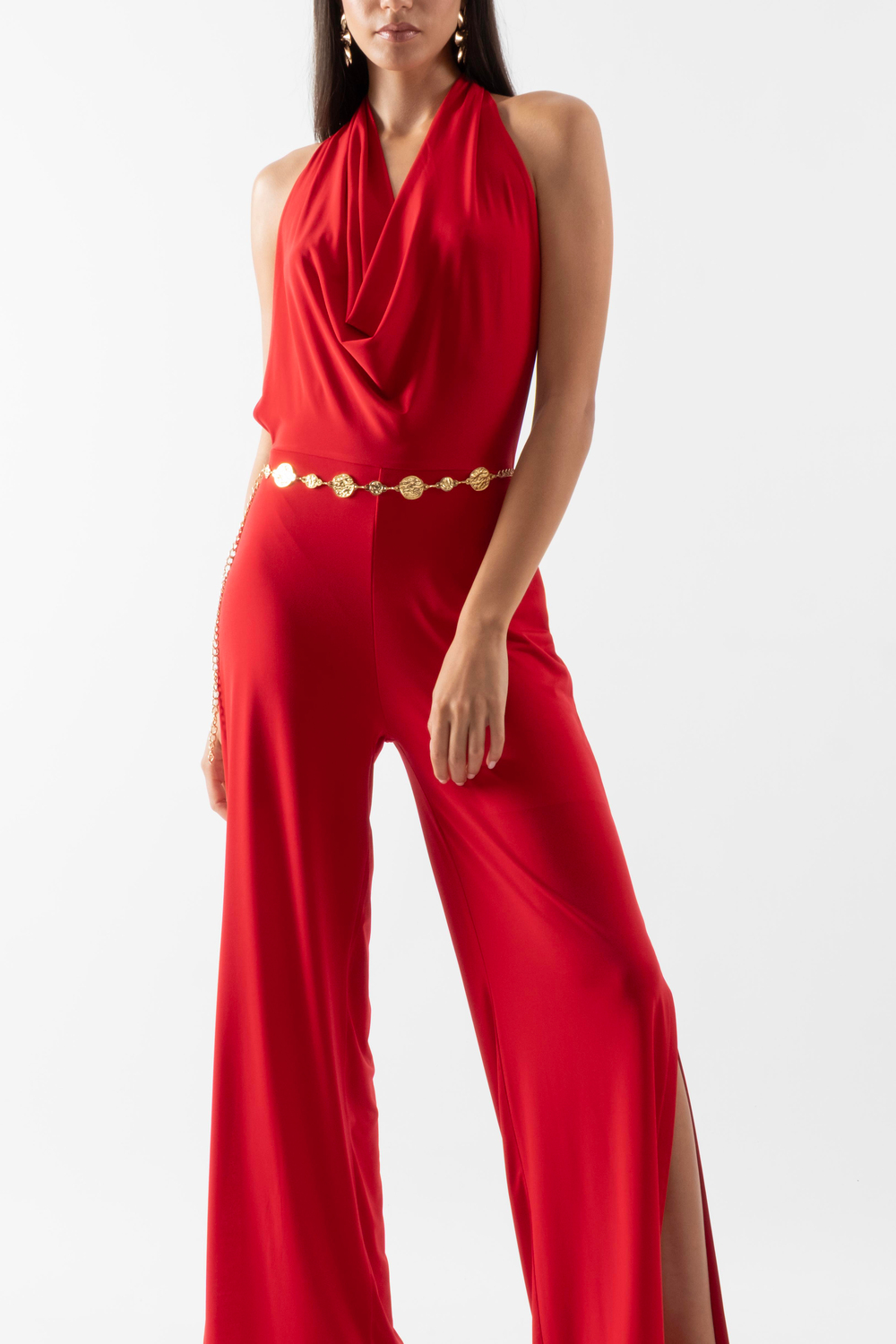 Falcon Degaje Yaka Boyundan Bağlamalı Abiye Tulum KIRMIZI