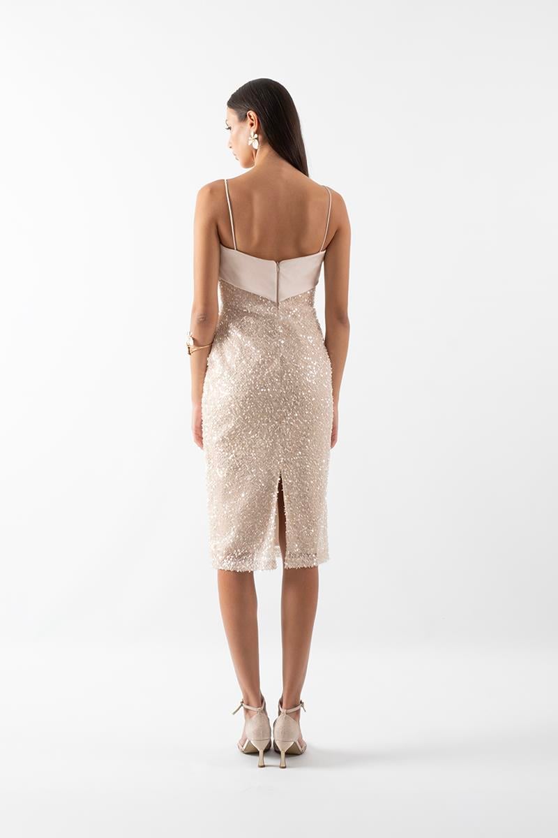 Farrell İnce İp Askılı Kare Yaka Kalem Kısa Abiye Elbise BEJ