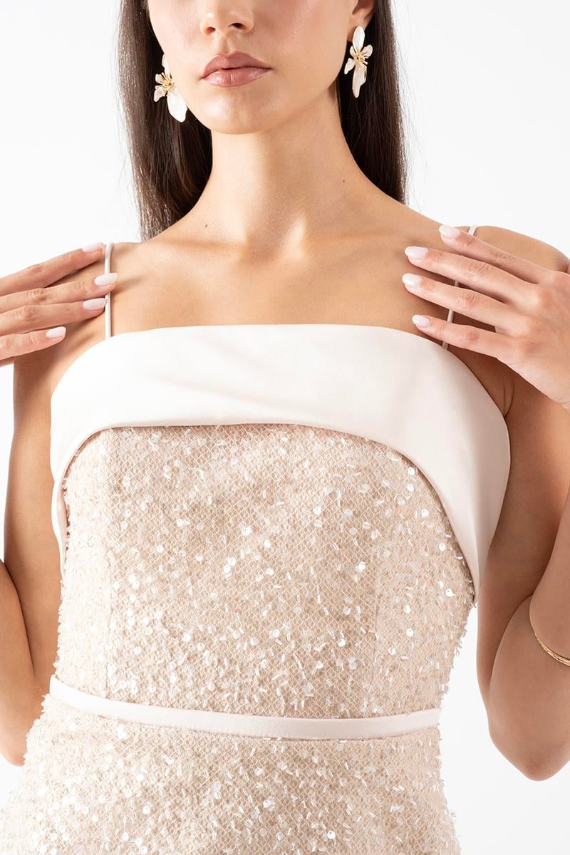 Farrell İnce İp Askılı Kare Yaka Kalem Kısa Abiye Elbise BEJ