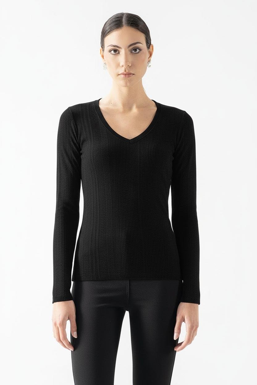 Fenwick V Yaka Uzun Kol Triko Bluz SİYAH