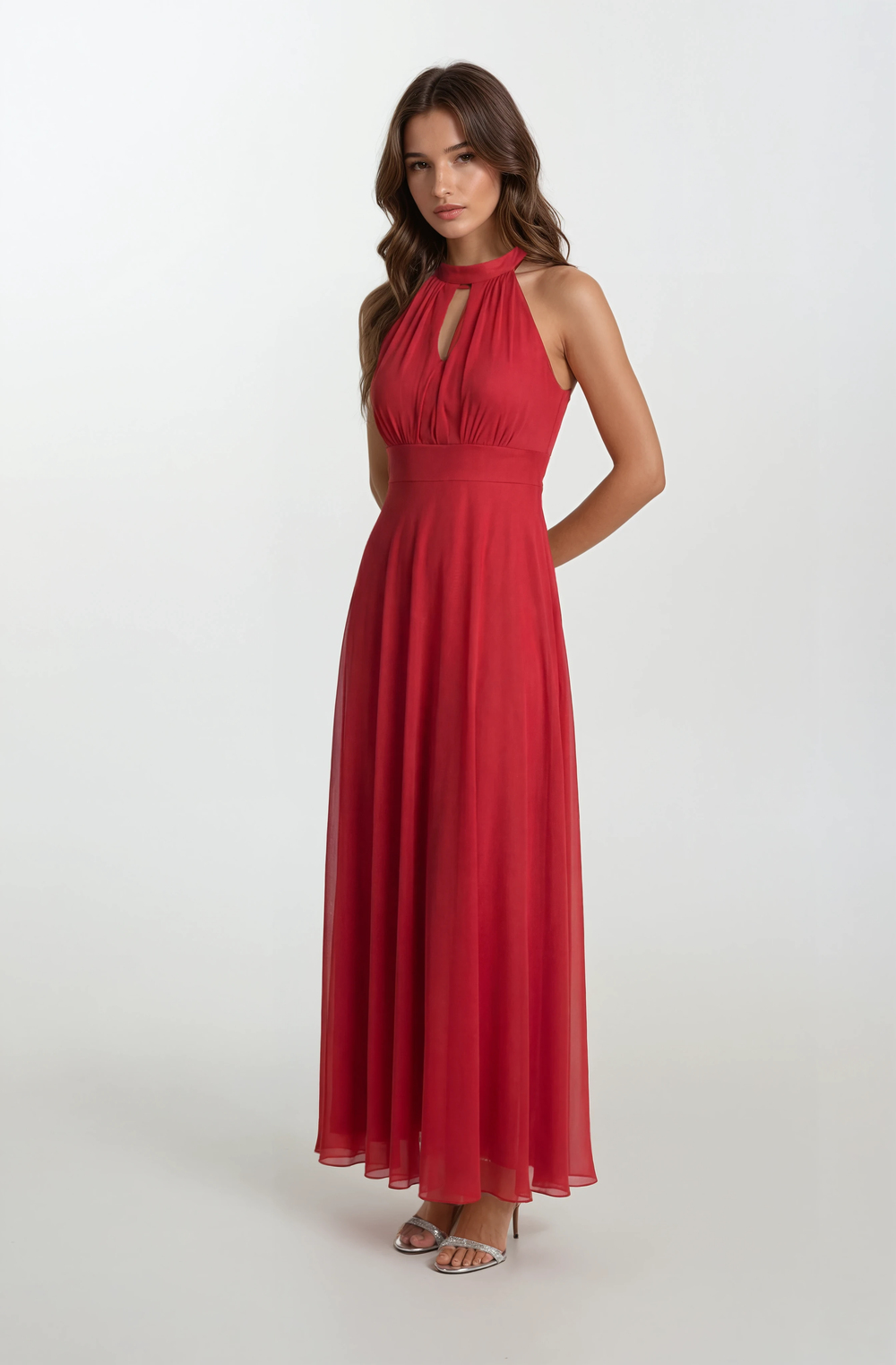 Firenze V Yaka Boyundan Bağlı Uzun Abiye Elbise KIRMIZI