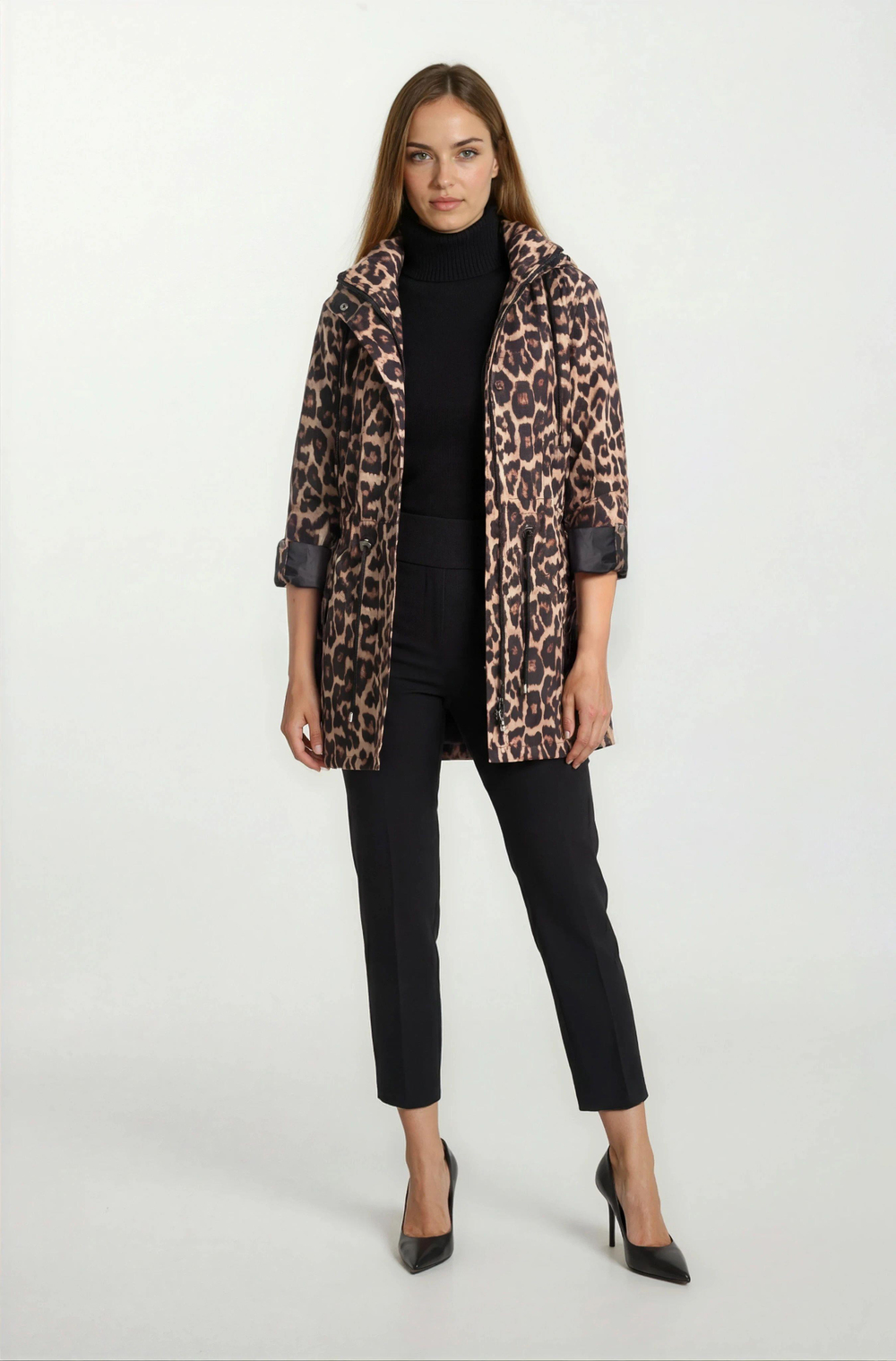 Fleana Leopar Desenli Kapüşonlu Mevsimlik Parka SİYAH