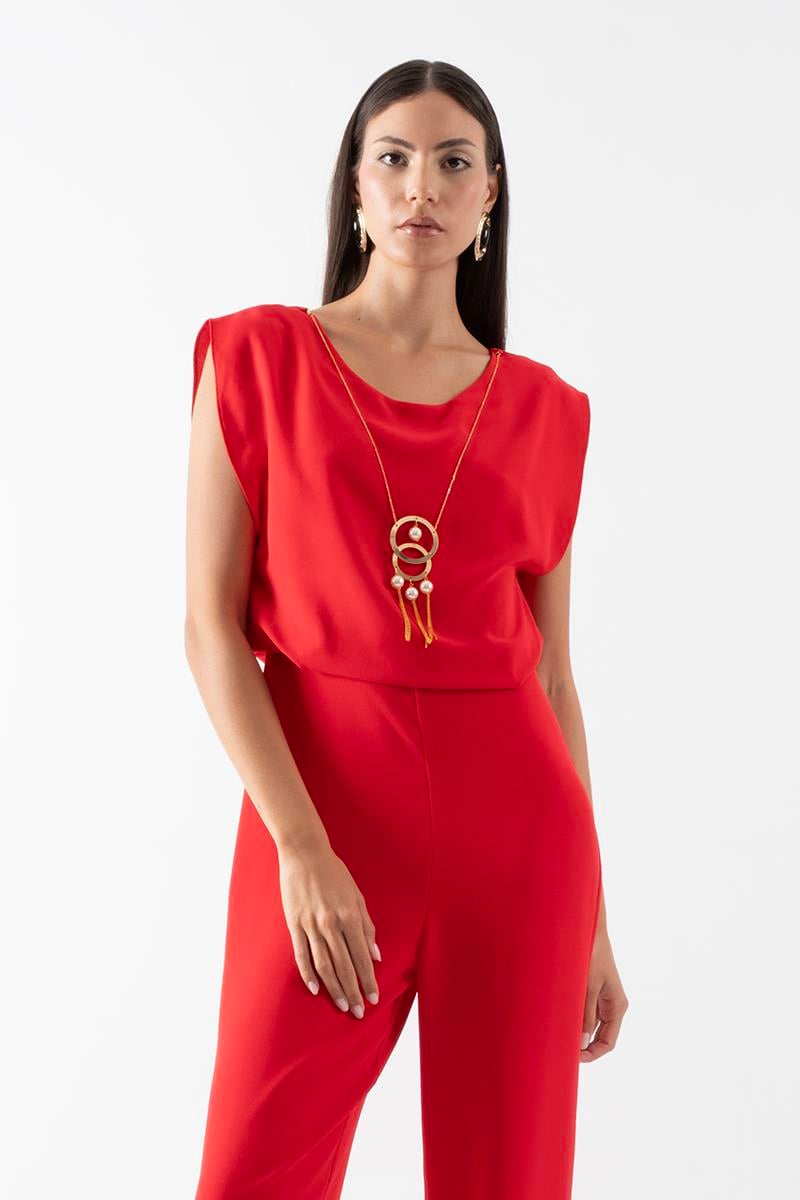 Fulgo Sırtı U Kesim Kolye Detaylı Tulum KIRMIZI