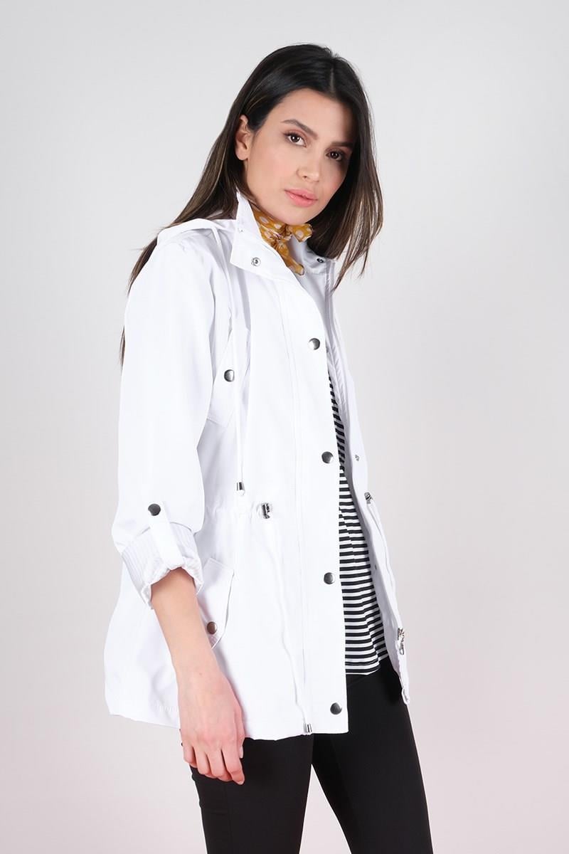 Goudot Kapüşonlu Mevsimlik Parka – Beli Büzgülü, Çıtçıt Detaylı BEYAZ