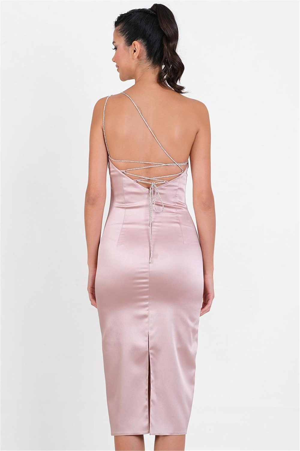 İmelde Asimetrik Yaka Taş Tek Askılı Midi Abiye Elbise PUDRA