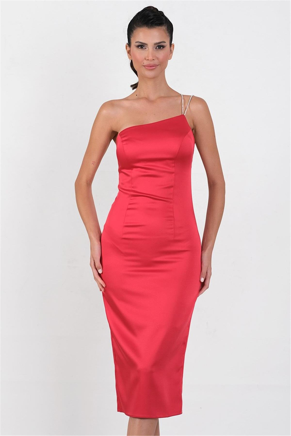 İmelde Asimetrik Yaka Taş Tek Askılı Midi Abiye Elbise KIRMIZI