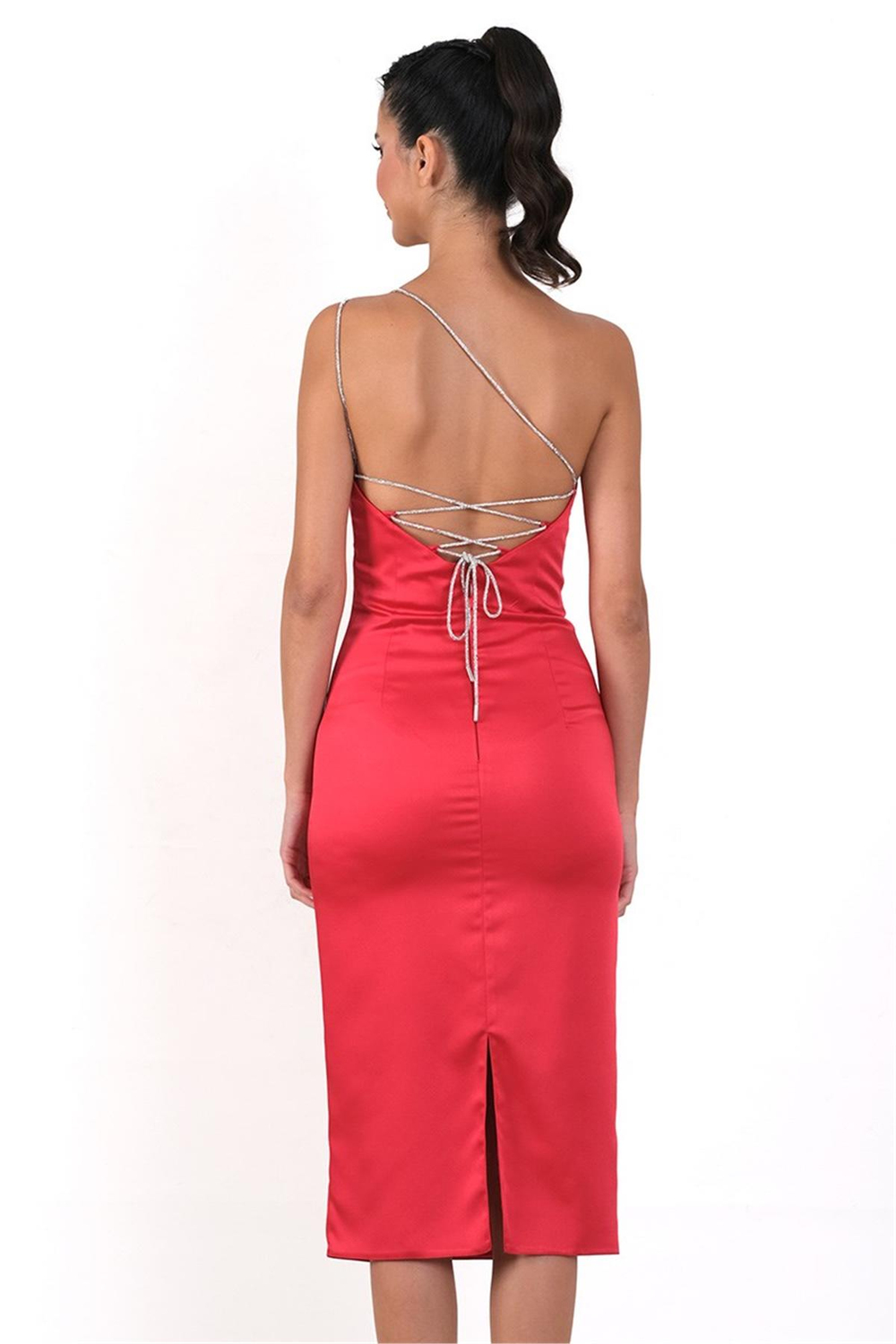 İmelde Asimetrik Yaka Taş Tek Askılı Midi Abiye Elbise KIRMIZI