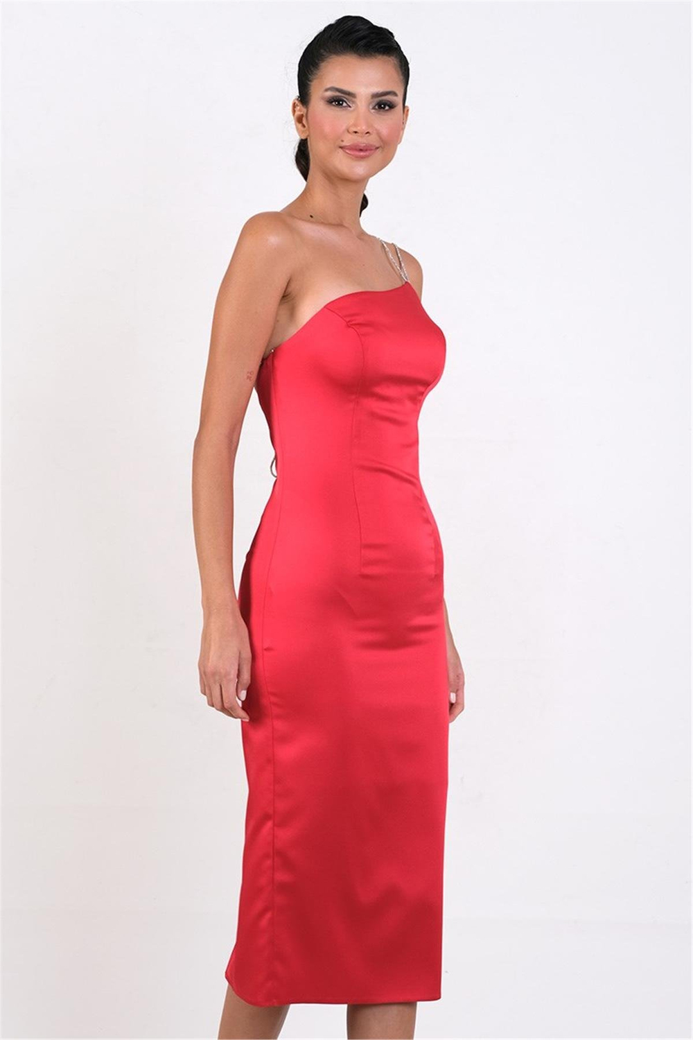 İmelde Asimetrik Yaka Taş Tek Askılı Midi Abiye Elbise KIRMIZI