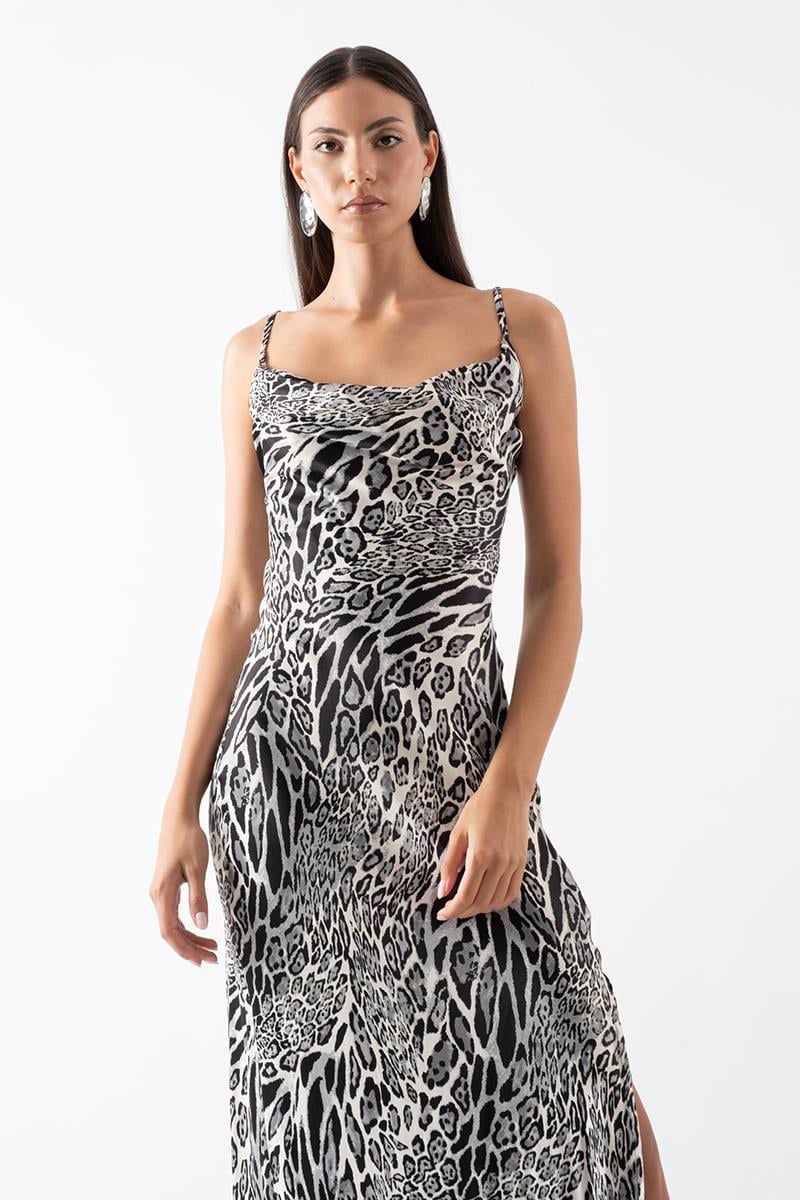 İvanio İnce Askılı Degaje Yaka Balık Yırtmaçlı Uzun Abiye Elbise GRİ