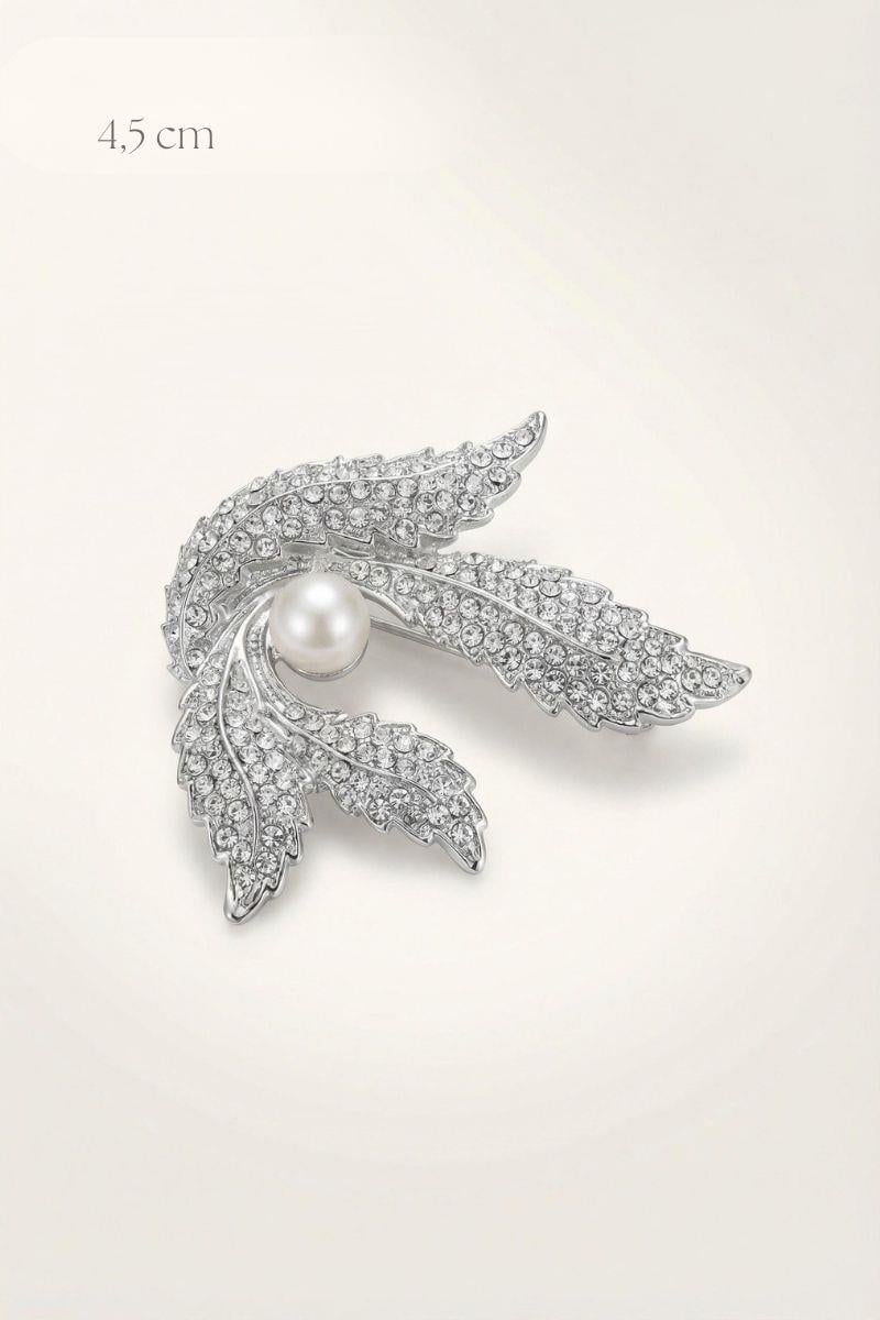 Kristal Taşlı İnci Detaylı Yaprak Broş 4.5 cm BEYAZ