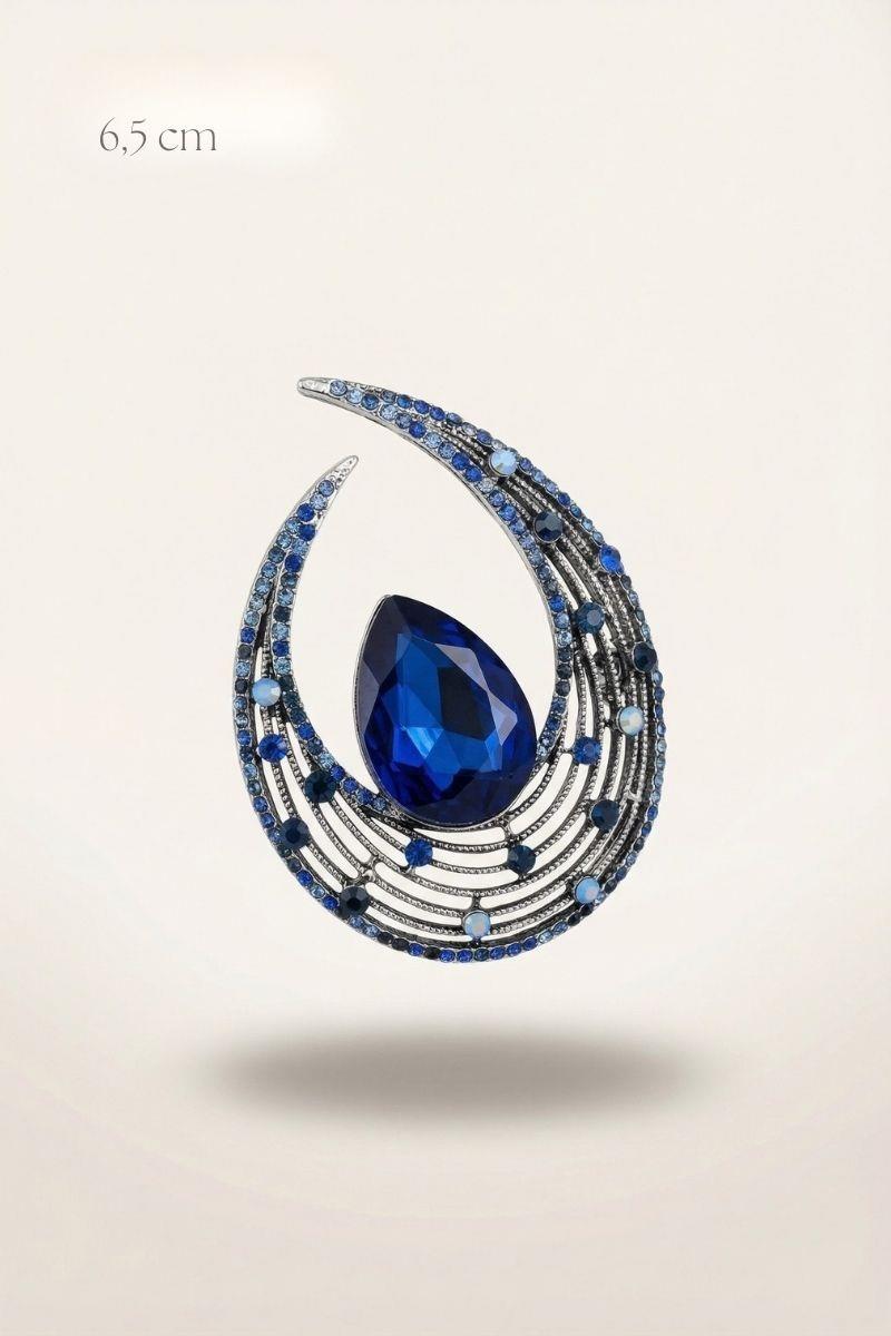 Lacivert Damla Taşlı Modern Broş 6,5 cm GÜMÜŞ