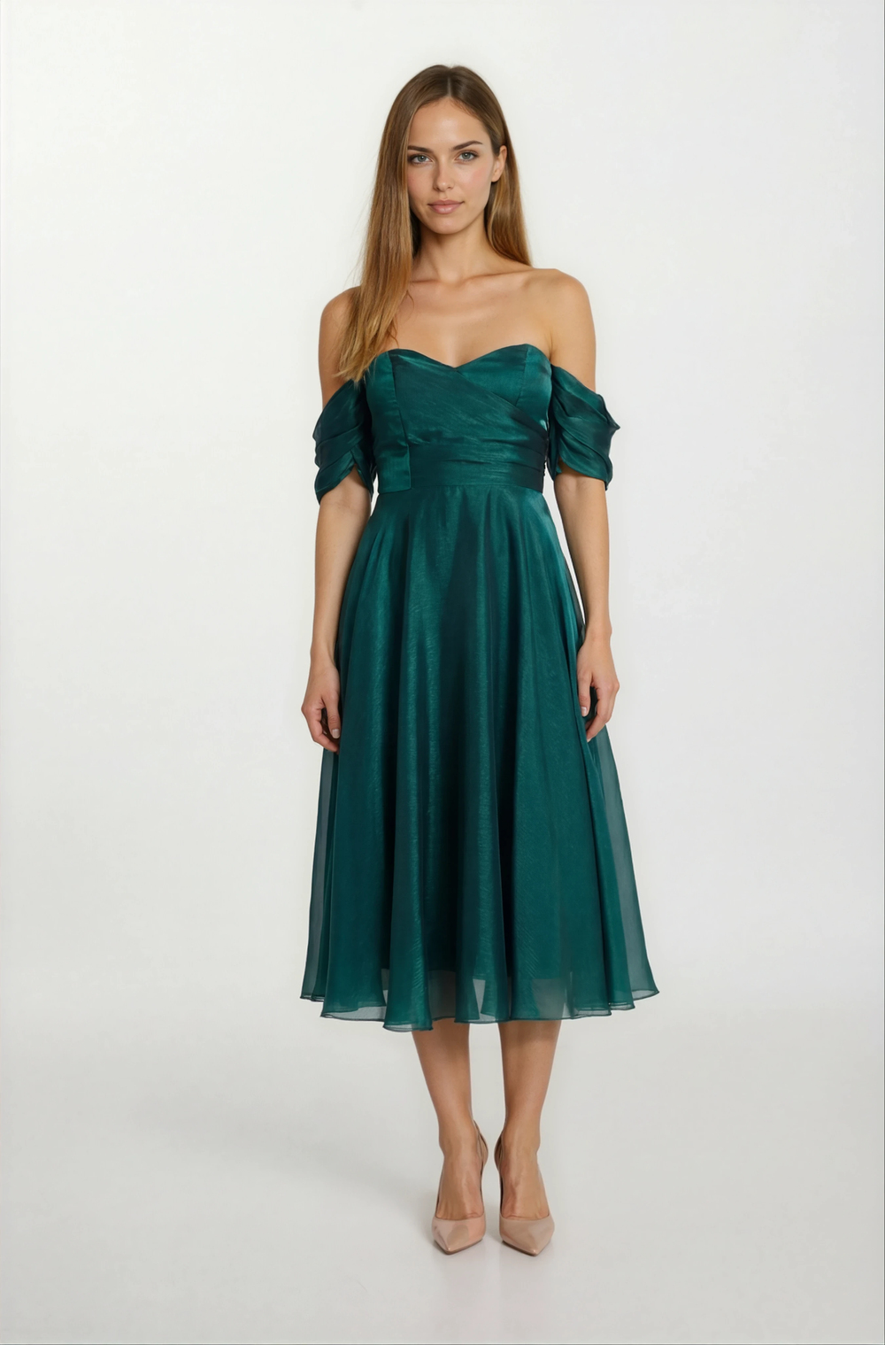 Lisandra Düşük Omuz Uzun Abiye Elbise ZÜMRÜT