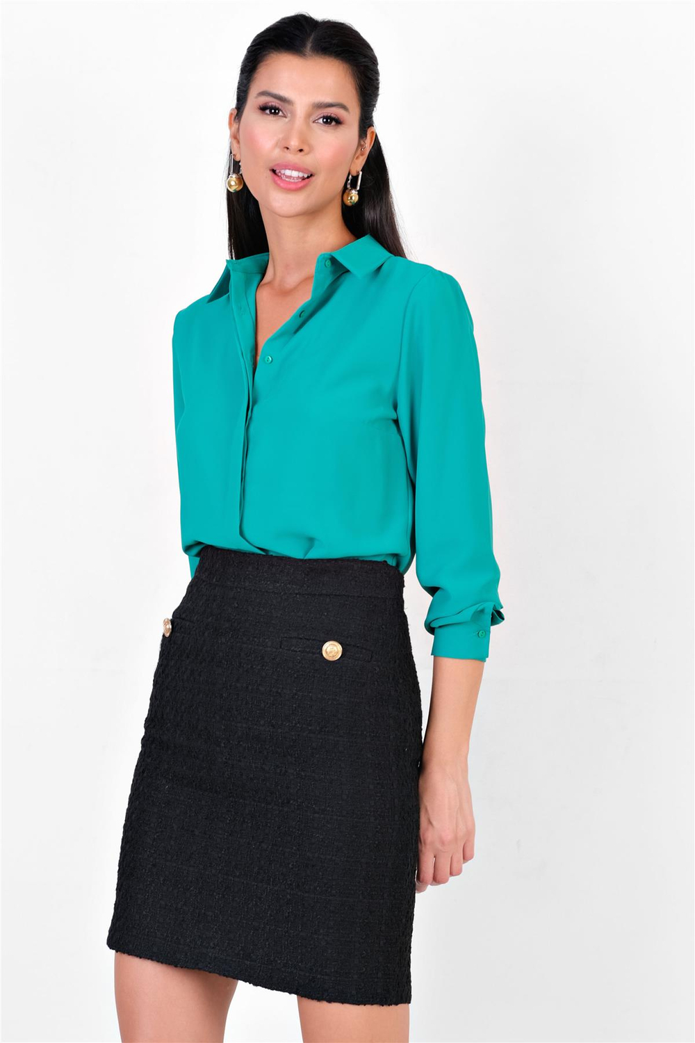 Lluvy Uzun Kollu Gizli Pat Düğmeli Bluz ZÜMRÜT